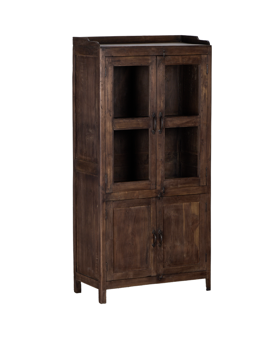 Vintage Indian oak cabinet, full front view showing glass and wood doors, dark patina.