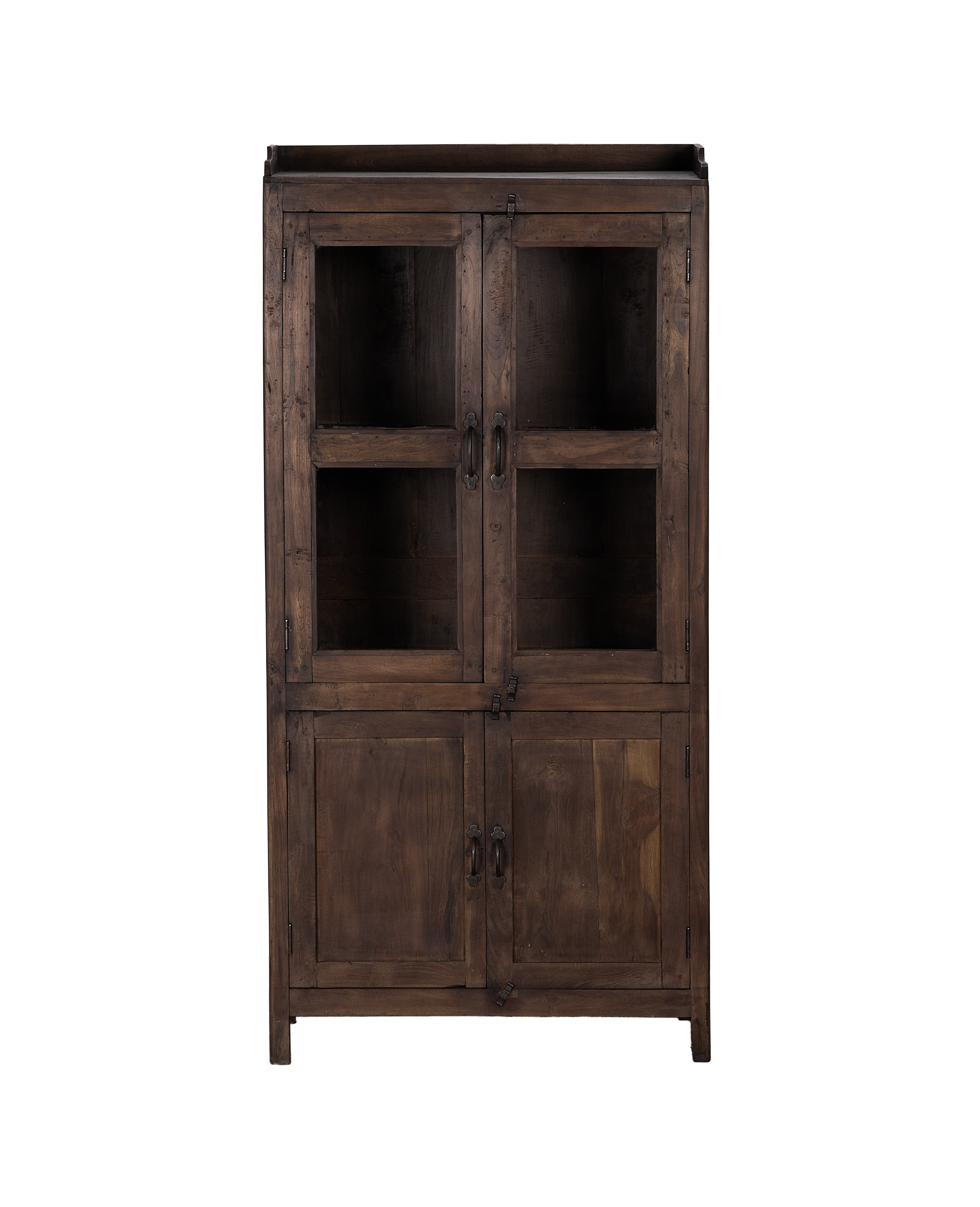 Vintage Indian oak wood cabinet, natural finish, featuring upper glass doors and lower solid doors.