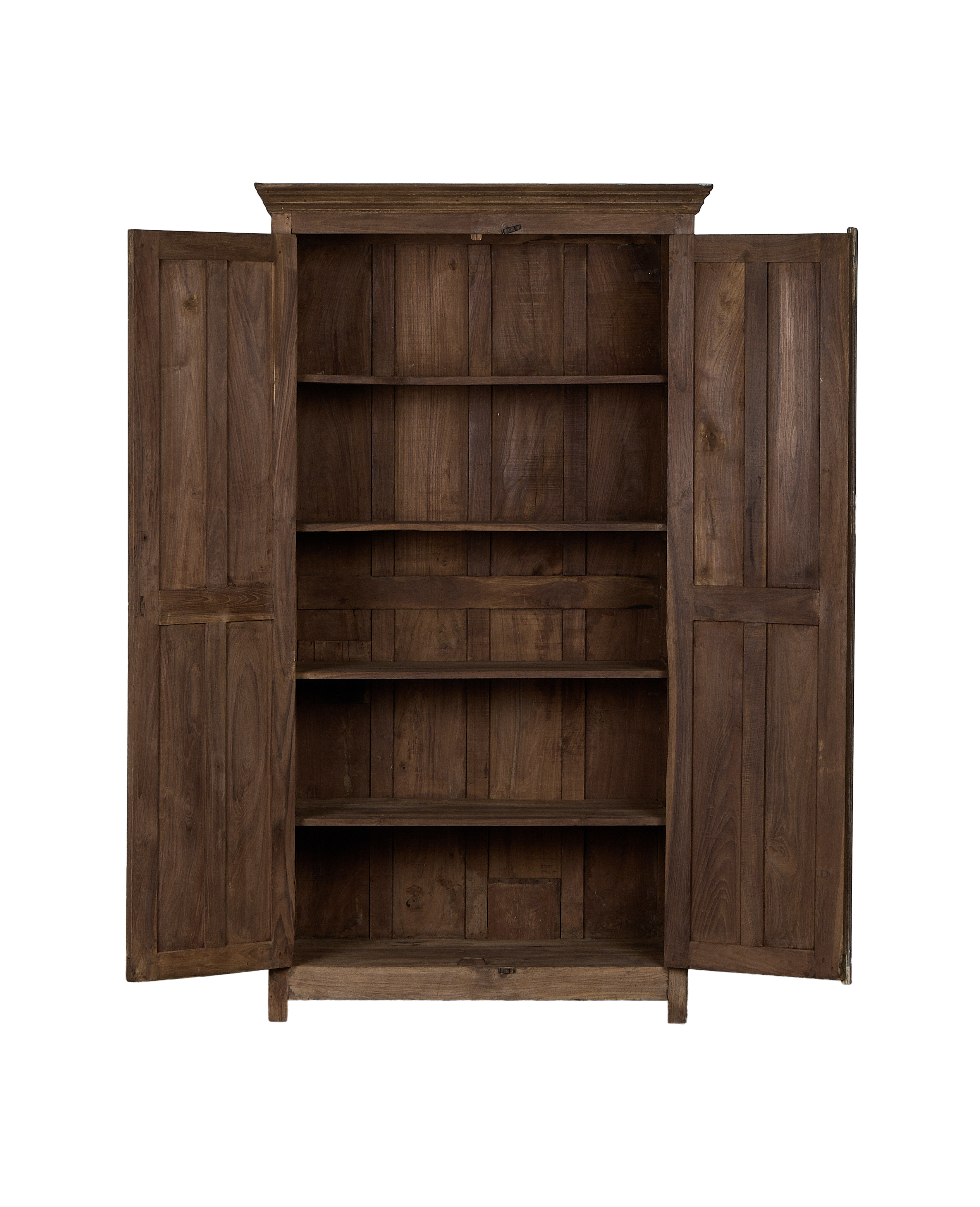 Vintage Indian oak cabinet, doors open, revealing multiple shelves inside.