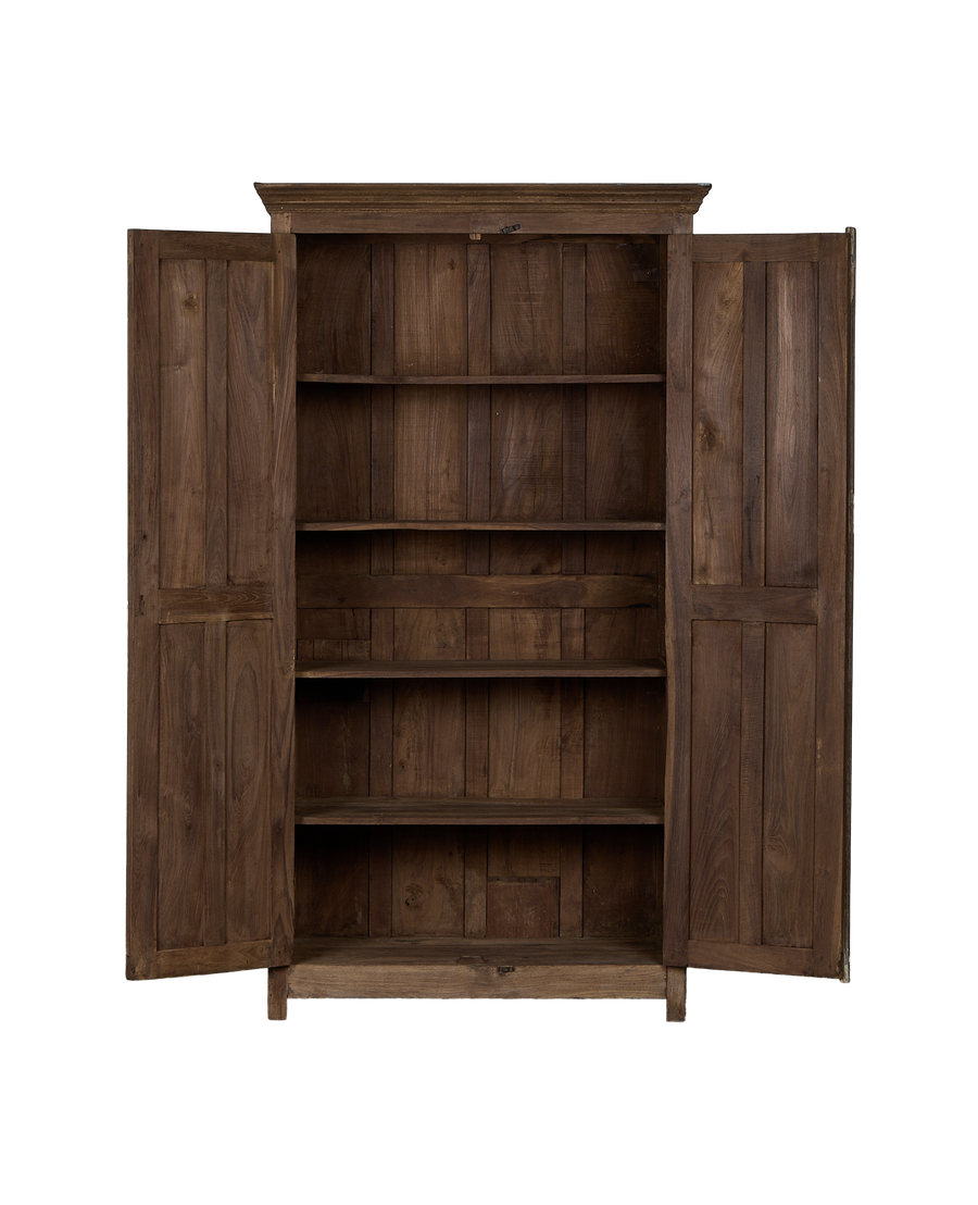 Vintage Indian oak cabinet, doors open, revealing multiple shelves inside.