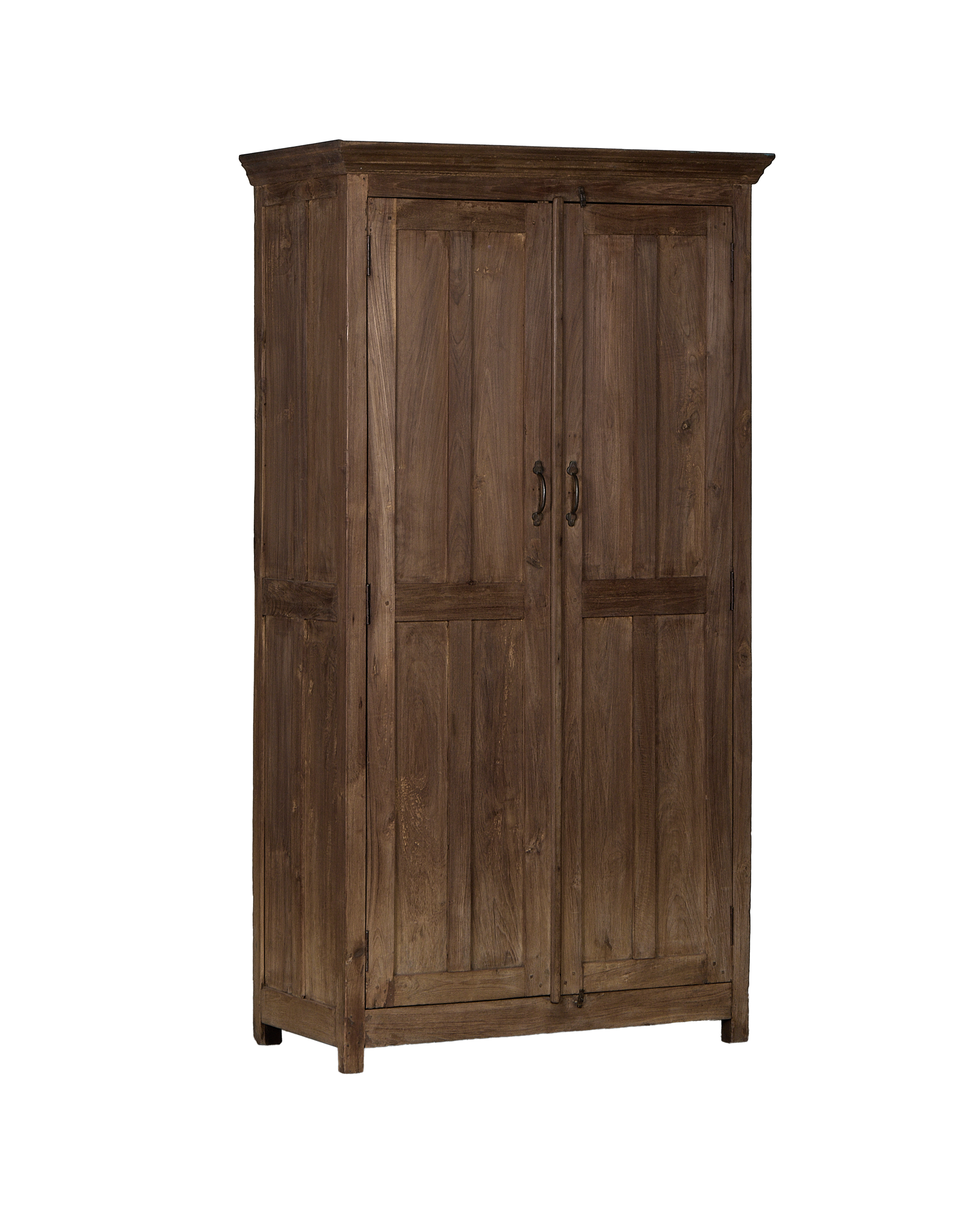 Vintage Indian oak cabinet, full frontal view, showcasing natural wood grain and dual doors.