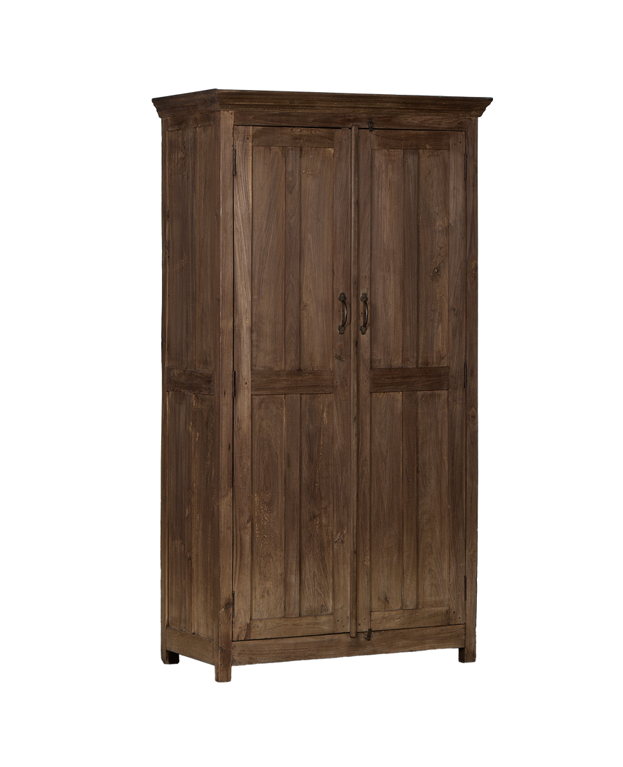 Vintage Indian oak cabinet, full frontal view, showcasing natural wood grain and dual doors.