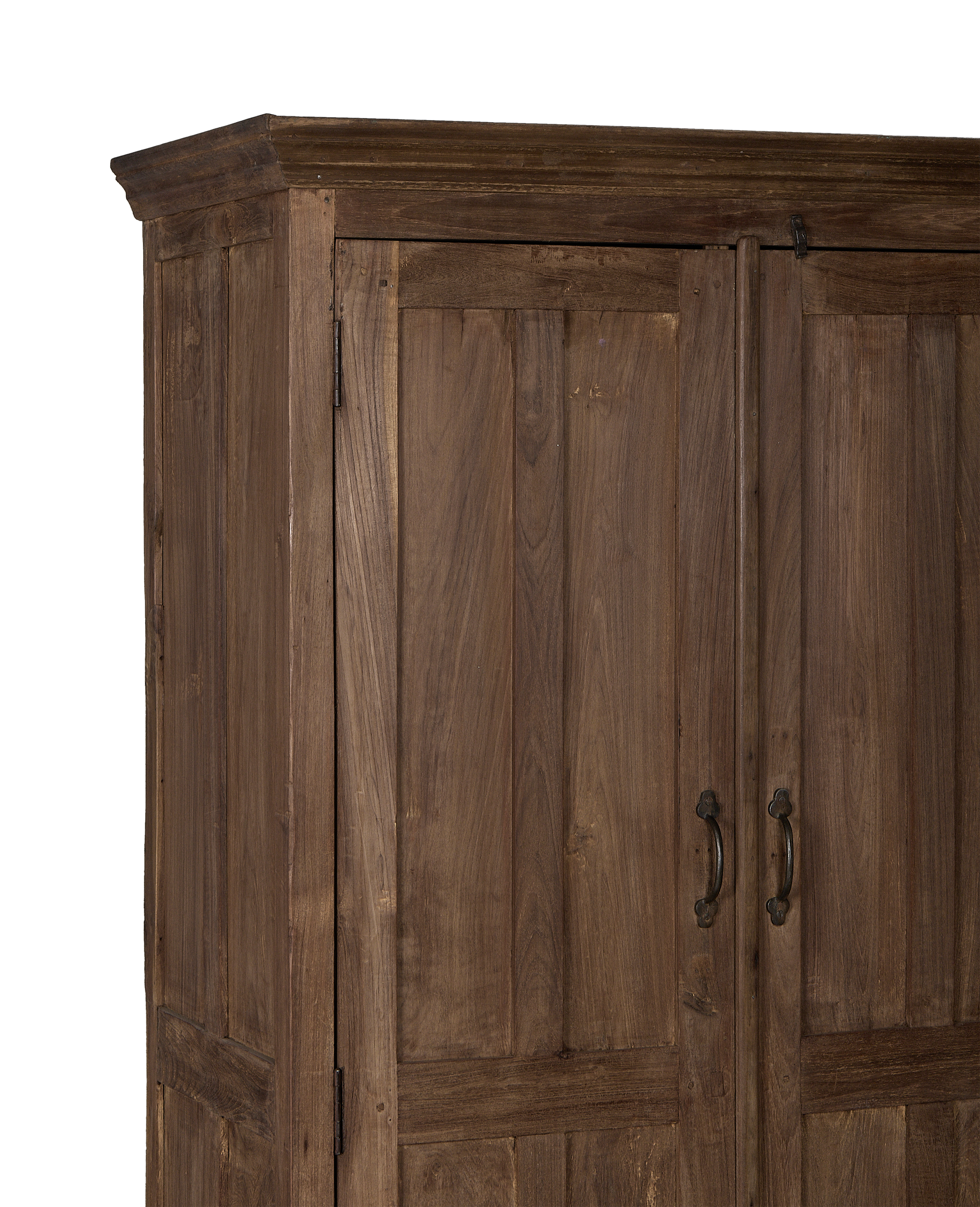 Vintage Indian oak wood cabinet, close-up showing distressed natural grain, subtle detail.
