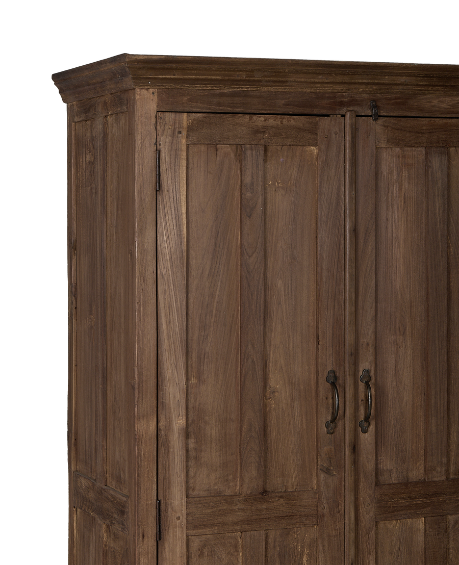 Vintage Indian oak wood cabinet, close-up showing distressed natural grain, subtle detail.