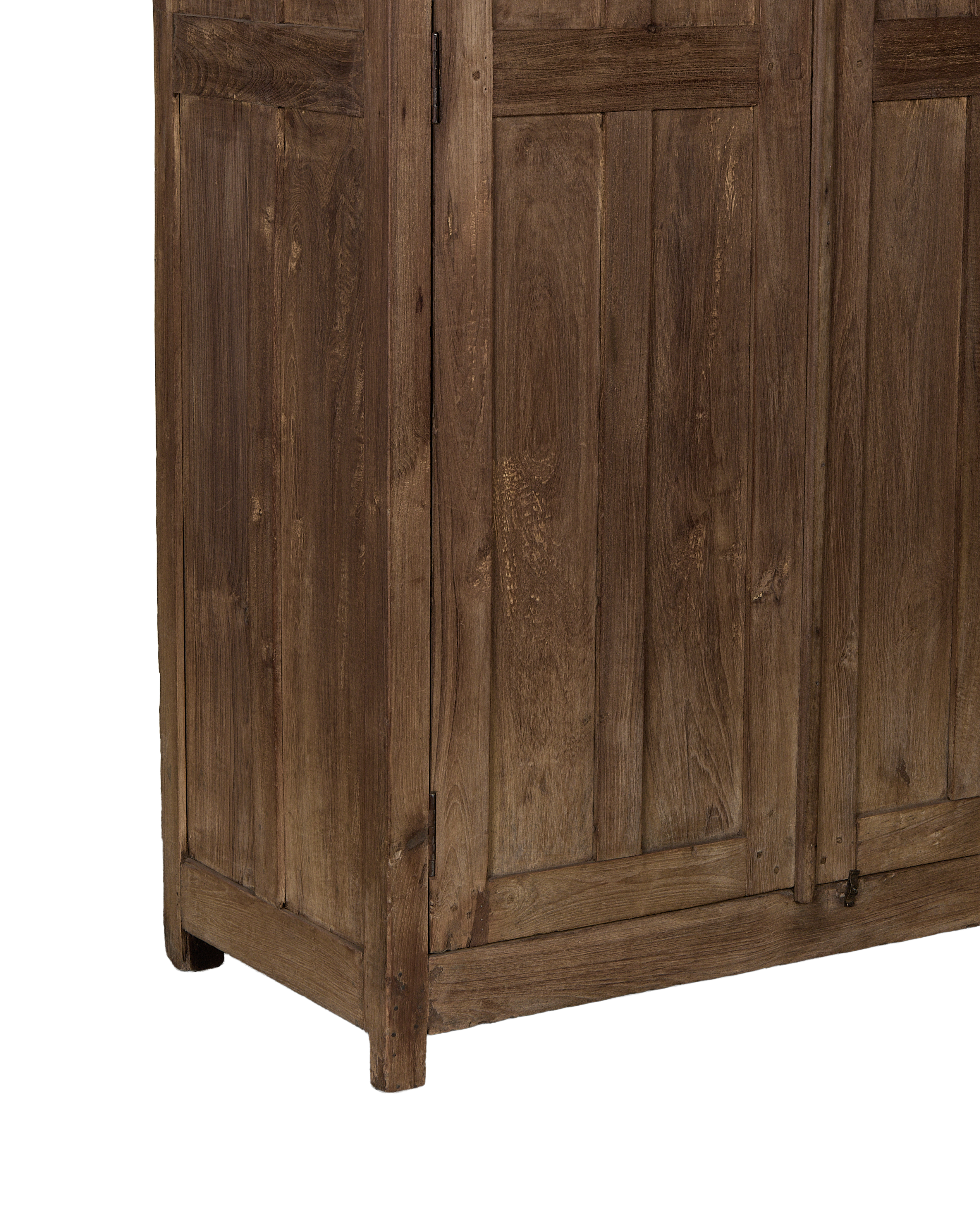 Vintage Indian wood cabinet, showing side profile, natural oak grain.