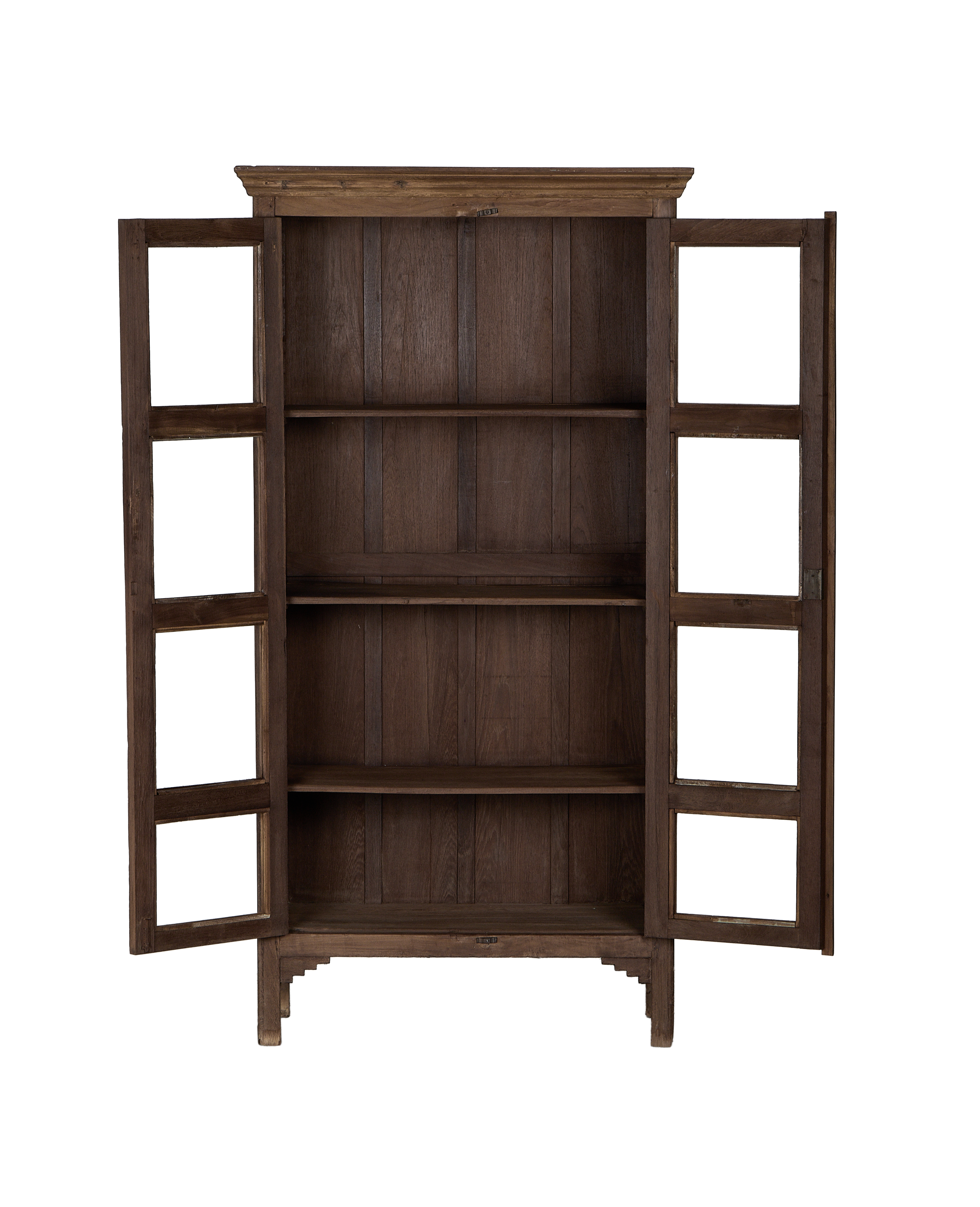 Vintage Indian oak wood cabinet, doors open, revealing four spacious interior shelves.
