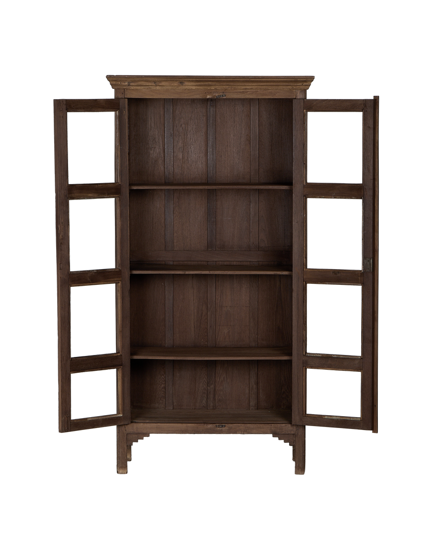 Vintage Indian oak wood cabinet, doors open, revealing four spacious interior shelves.