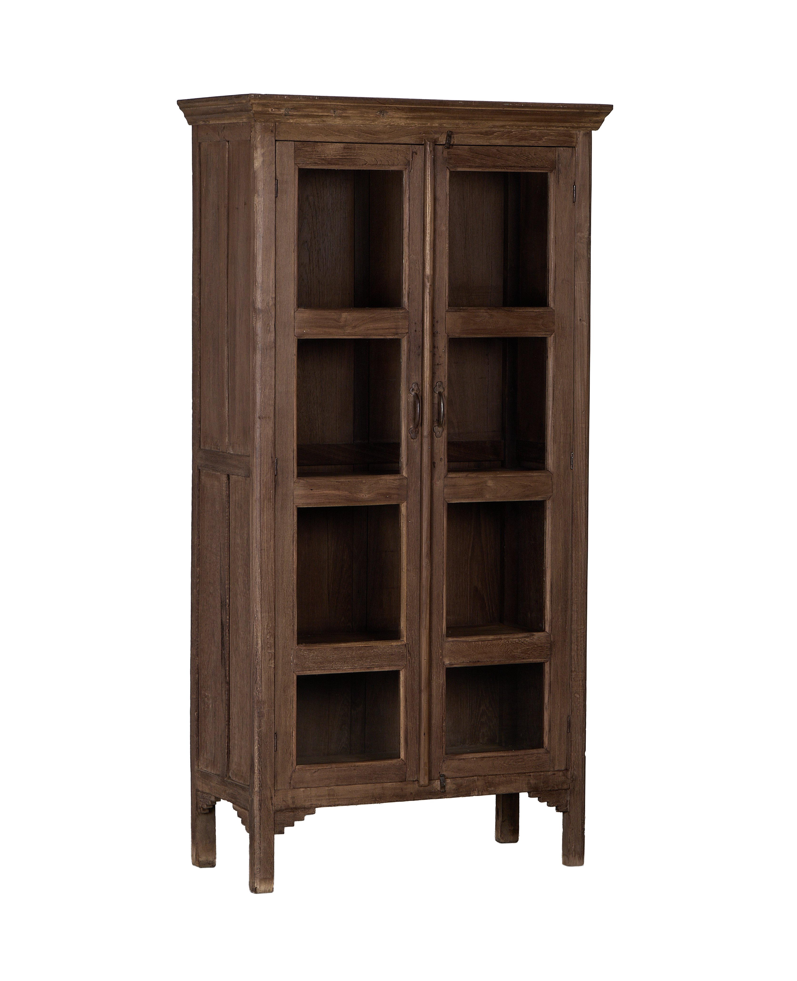 Vintage Indian oak cabinet showing glass panels, detailed handles, and distressed wood finish.