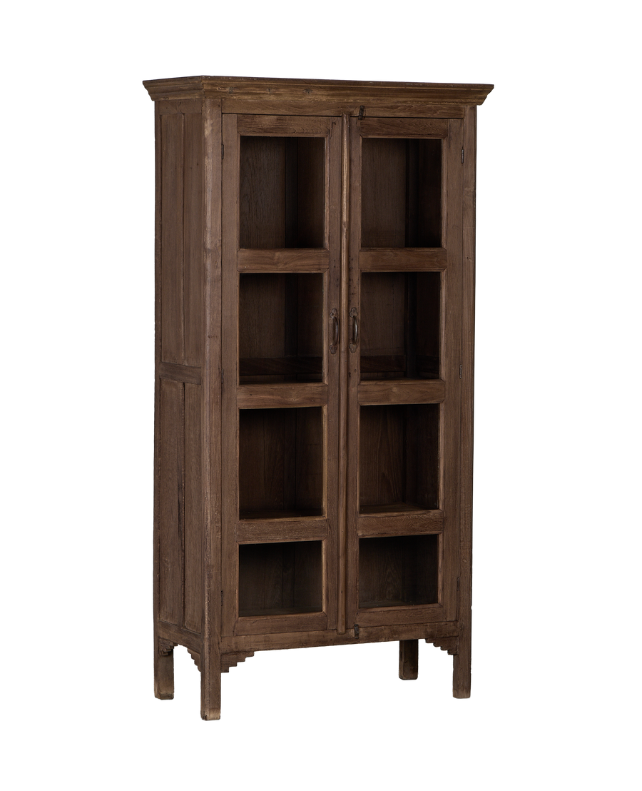 Vintage Indian oak cabinet showing glass panels, detailed handles, and distressed wood finish.