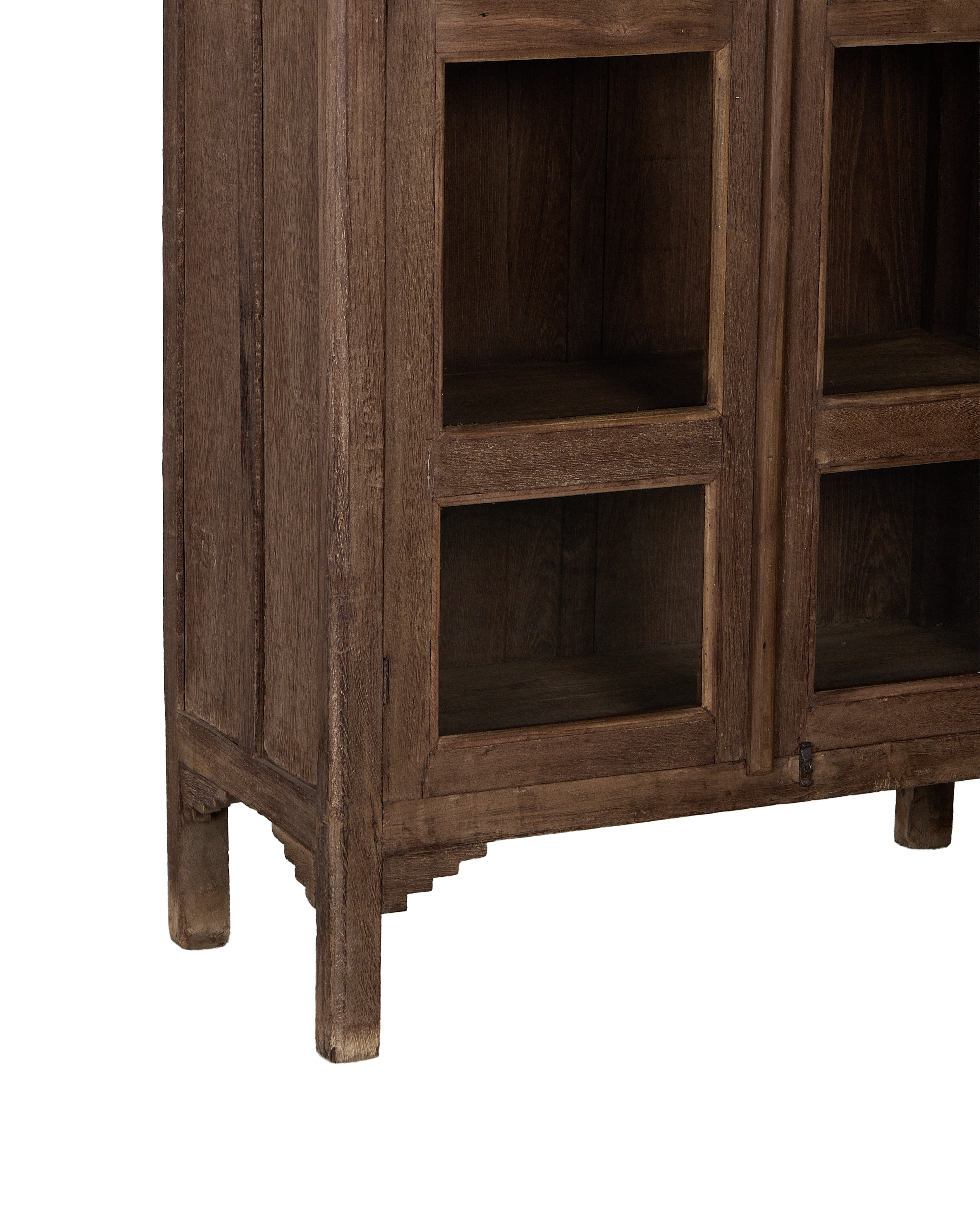Vintage oak wood cabinet, India, showing lower right paneling, feet, and iron latch detail.