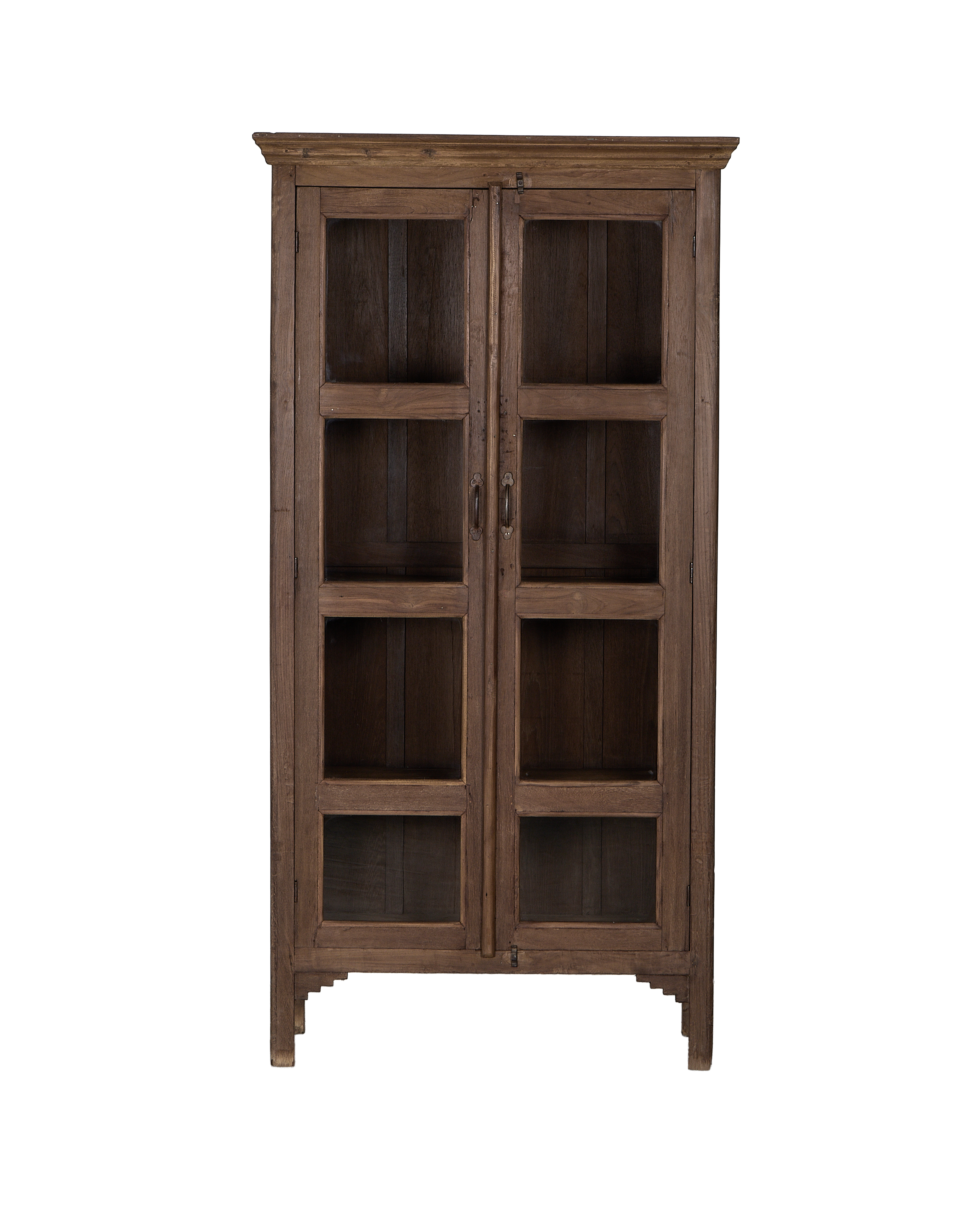 Vintage Indian oak display cabinet with natural finish, glass doors, and dark wooden shelves.