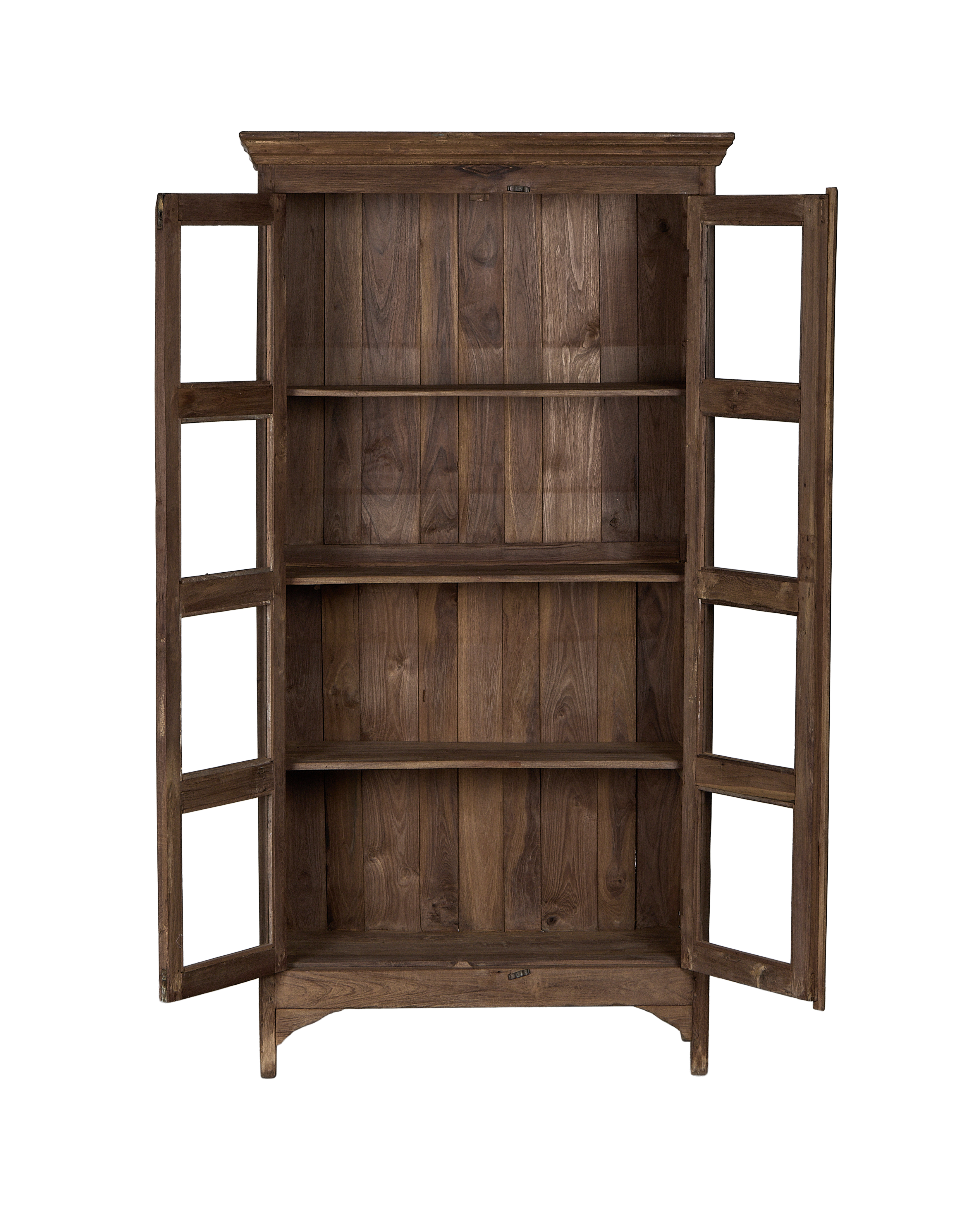 Vintage Indian oak wood cabinet, open doors revealing three interior shelves.