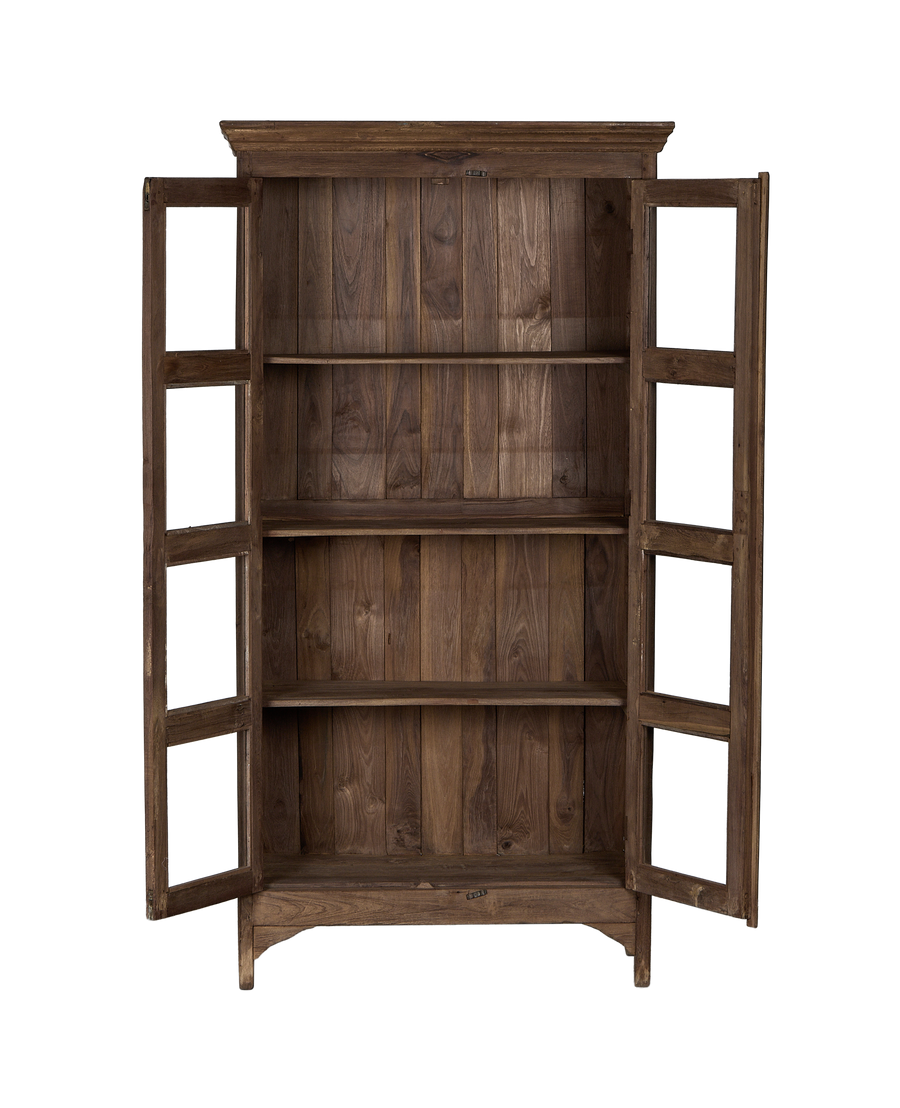 Vintage Indian oak wood cabinet, open doors revealing three interior shelves.