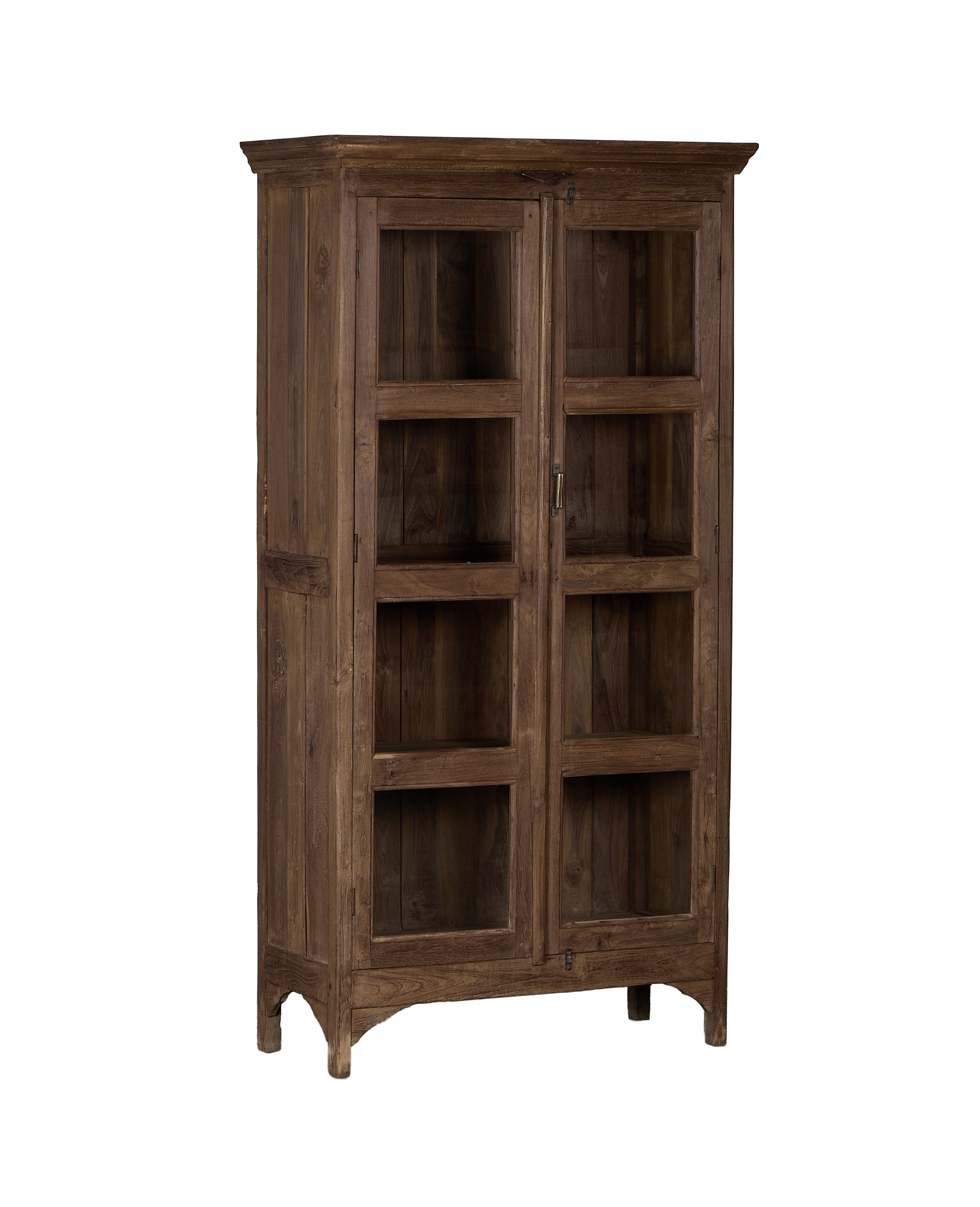 Vintage Indian oak wood display cabinet with glass doors showcasing interior shelves, full view.