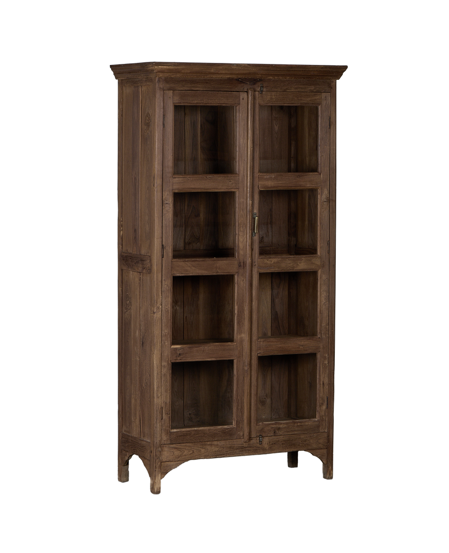 Vintage Indian oak wood display cabinet with glass doors showcasing interior shelves, full view.