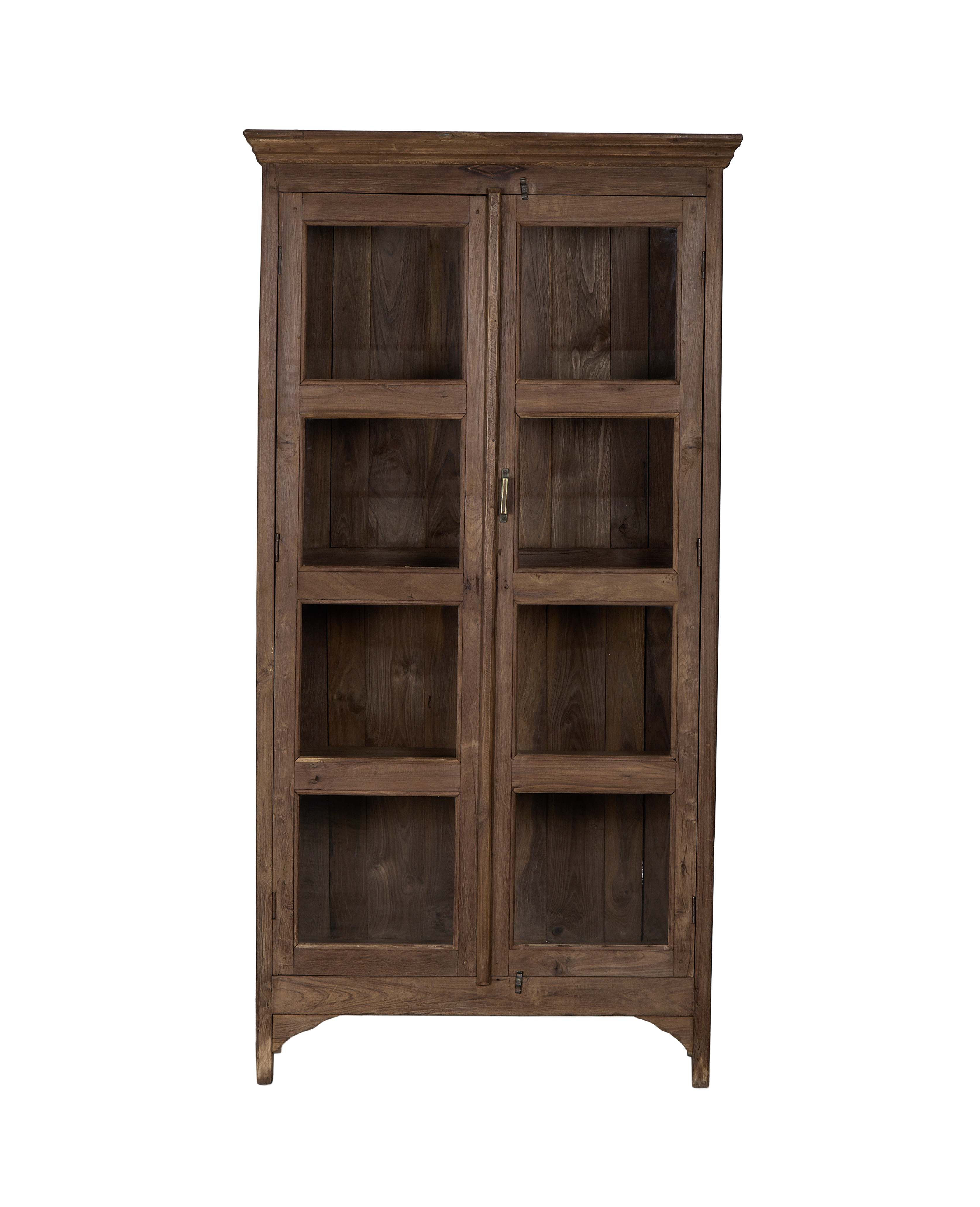Vintage Indian natural oak wood cabinet with double glass doors and simple brass latch.