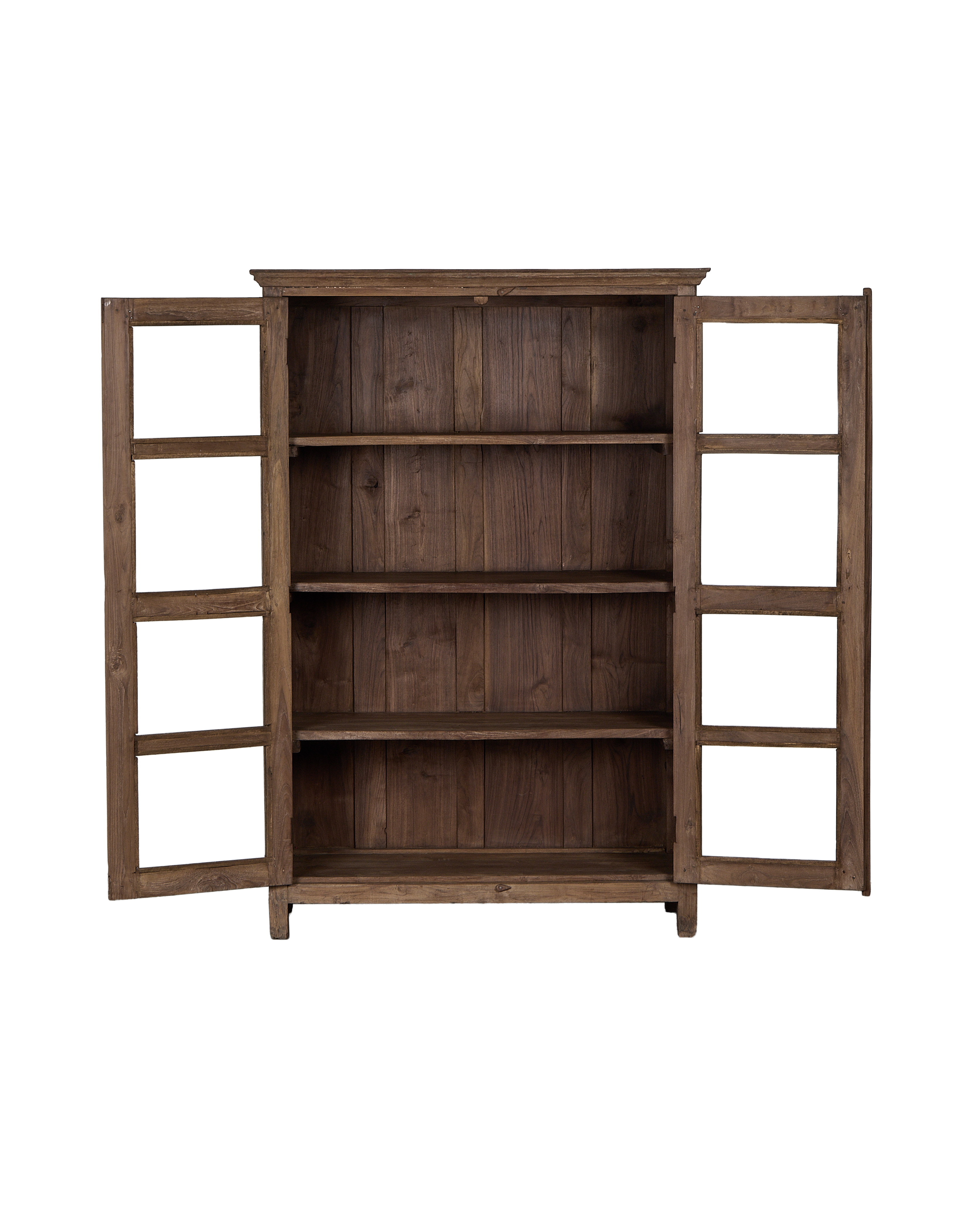 Open vintage Indian oak wood cabinet, showcasing multiple natural wooden shelves inside.
