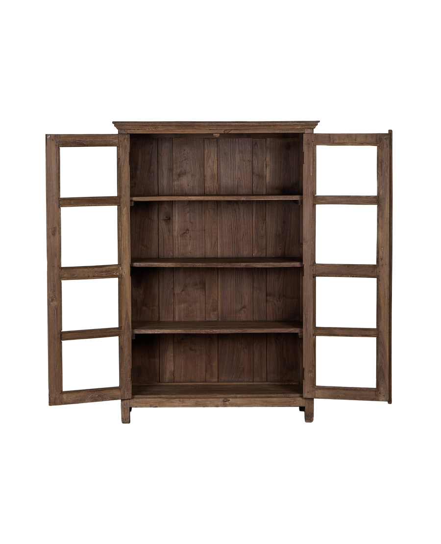 Open vintage Indian oak wood cabinet, showcasing multiple natural wooden shelves inside.