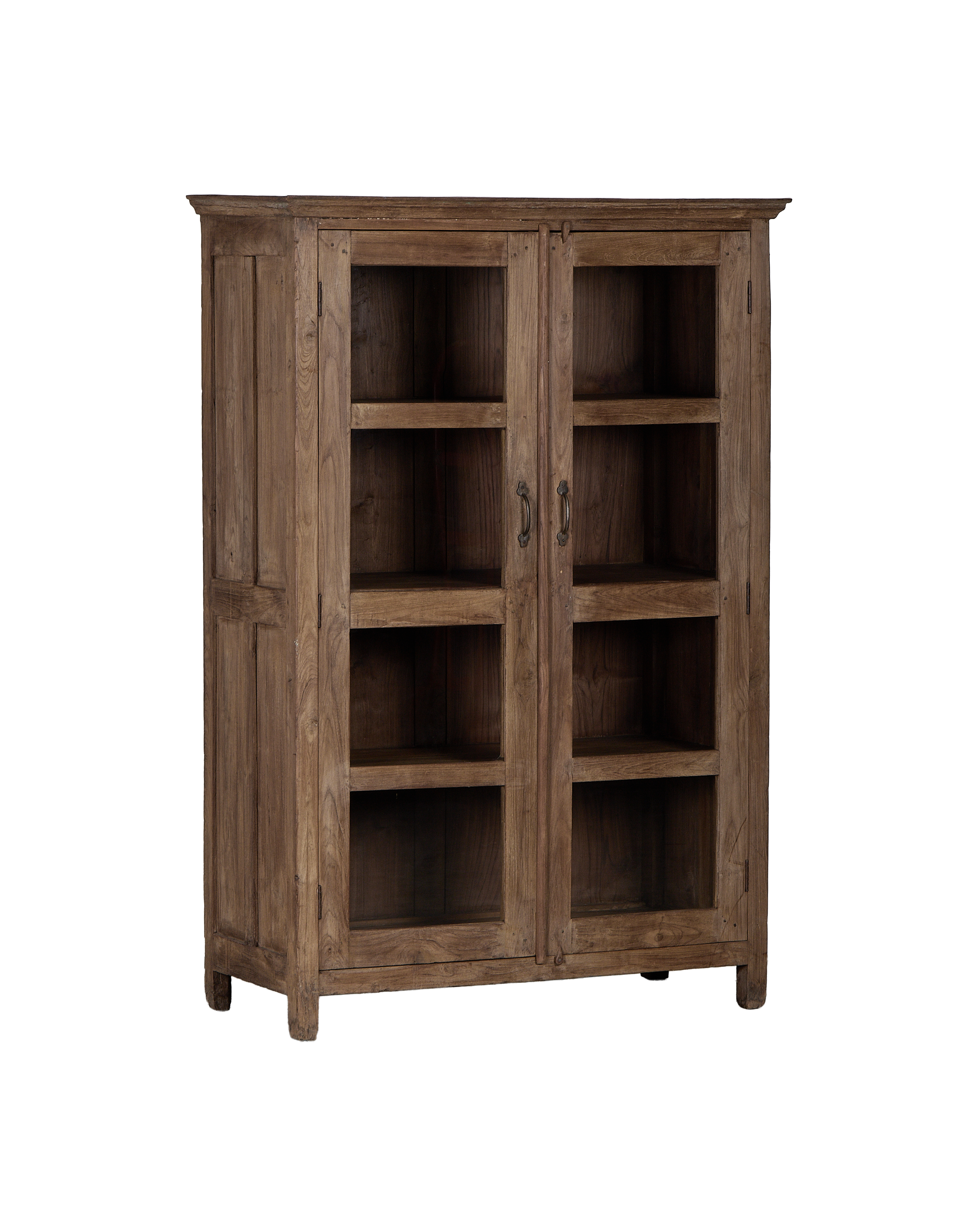Vintage Indian oak cabinet displaying glass doors, interior shelves, and brass pulls.