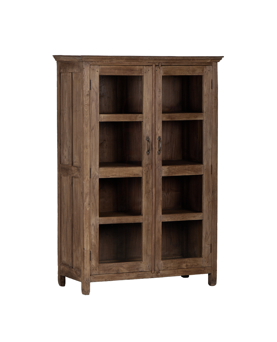 Vintage Indian oak cabinet displaying glass doors, interior shelves, and brass pulls.