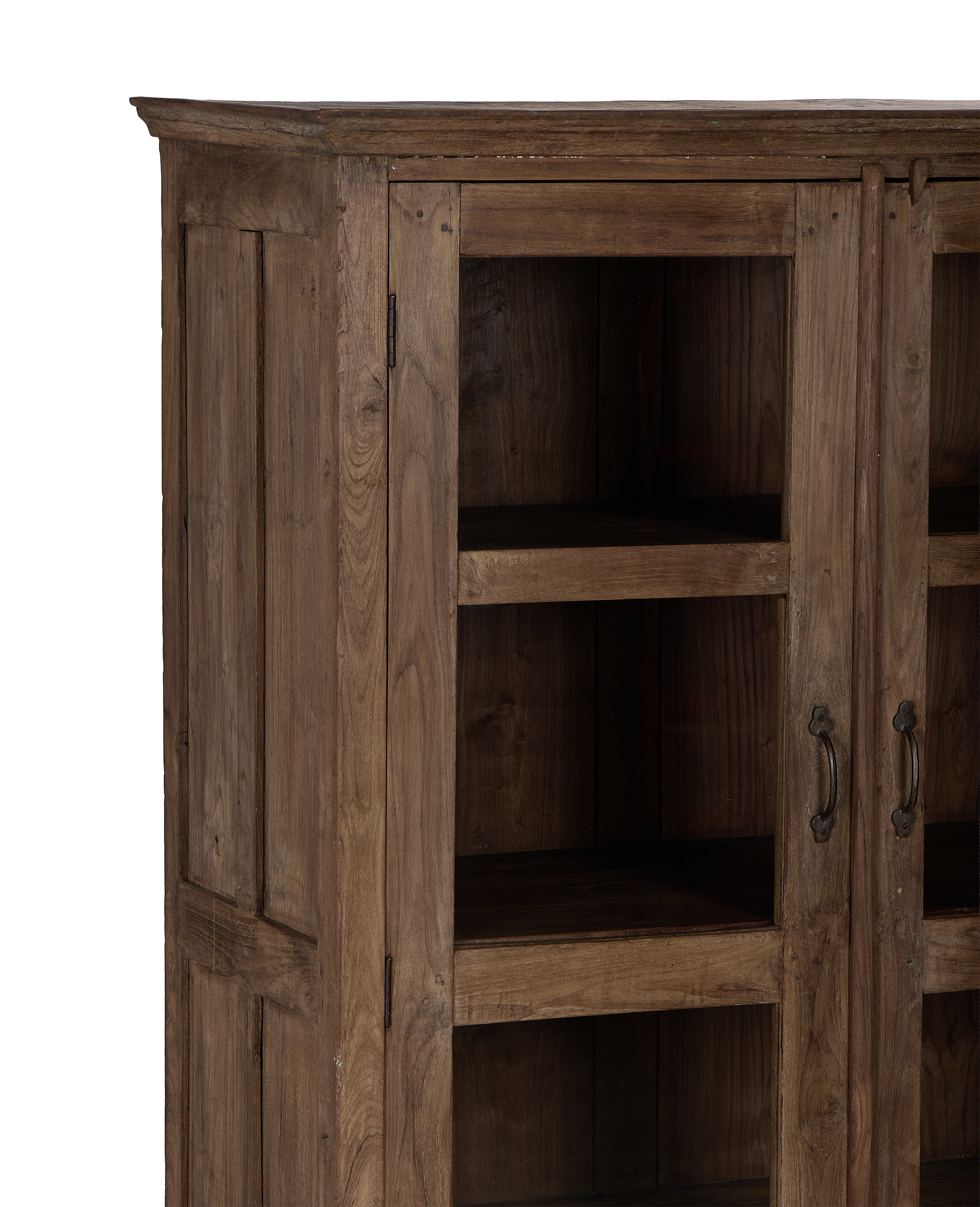 Close-up of vintage Indian oak wood cabinet's natural grain and distressed finish.