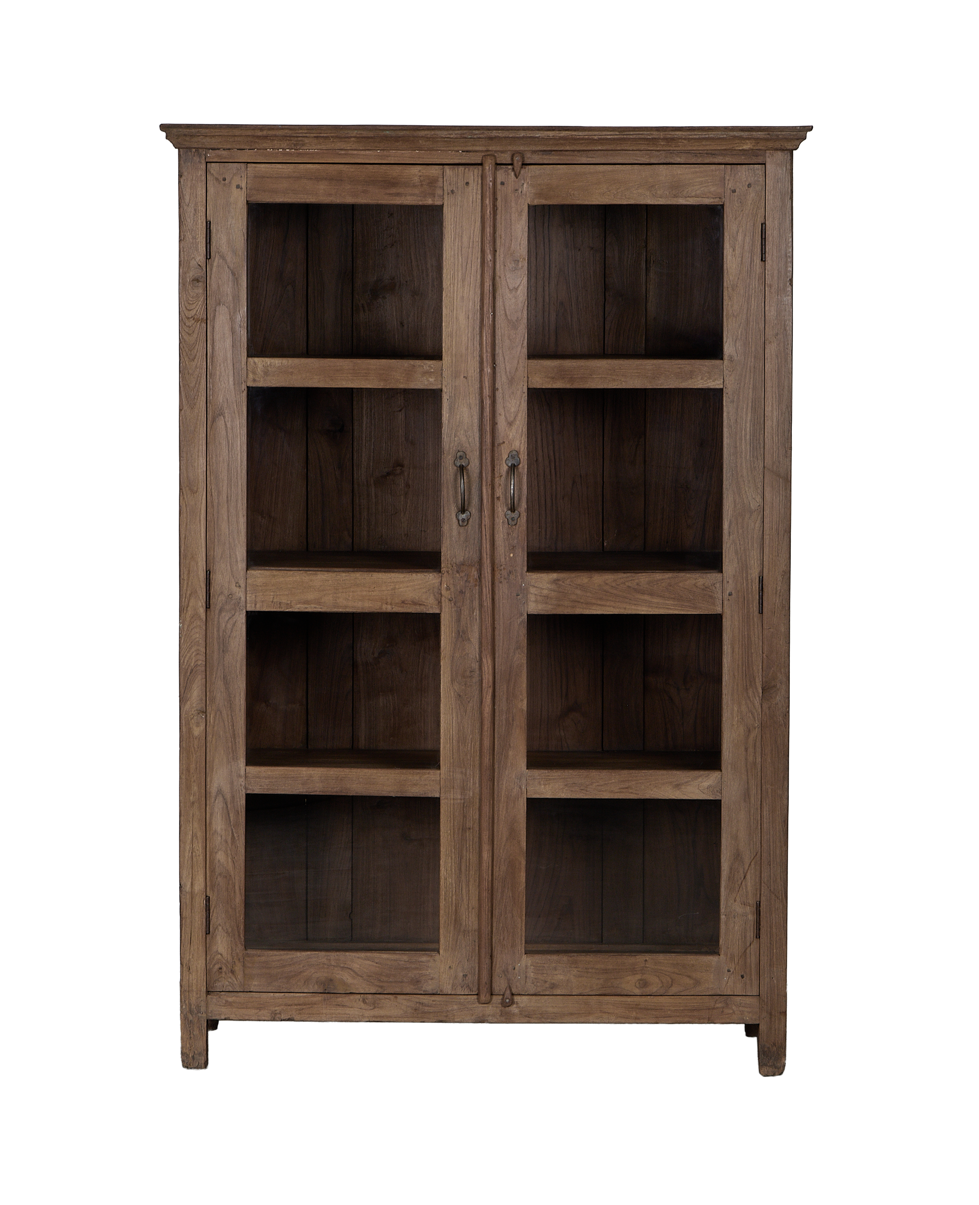 Vintage Indian oak cabinet, natural wood finish, two glass doors, aged metal handles.