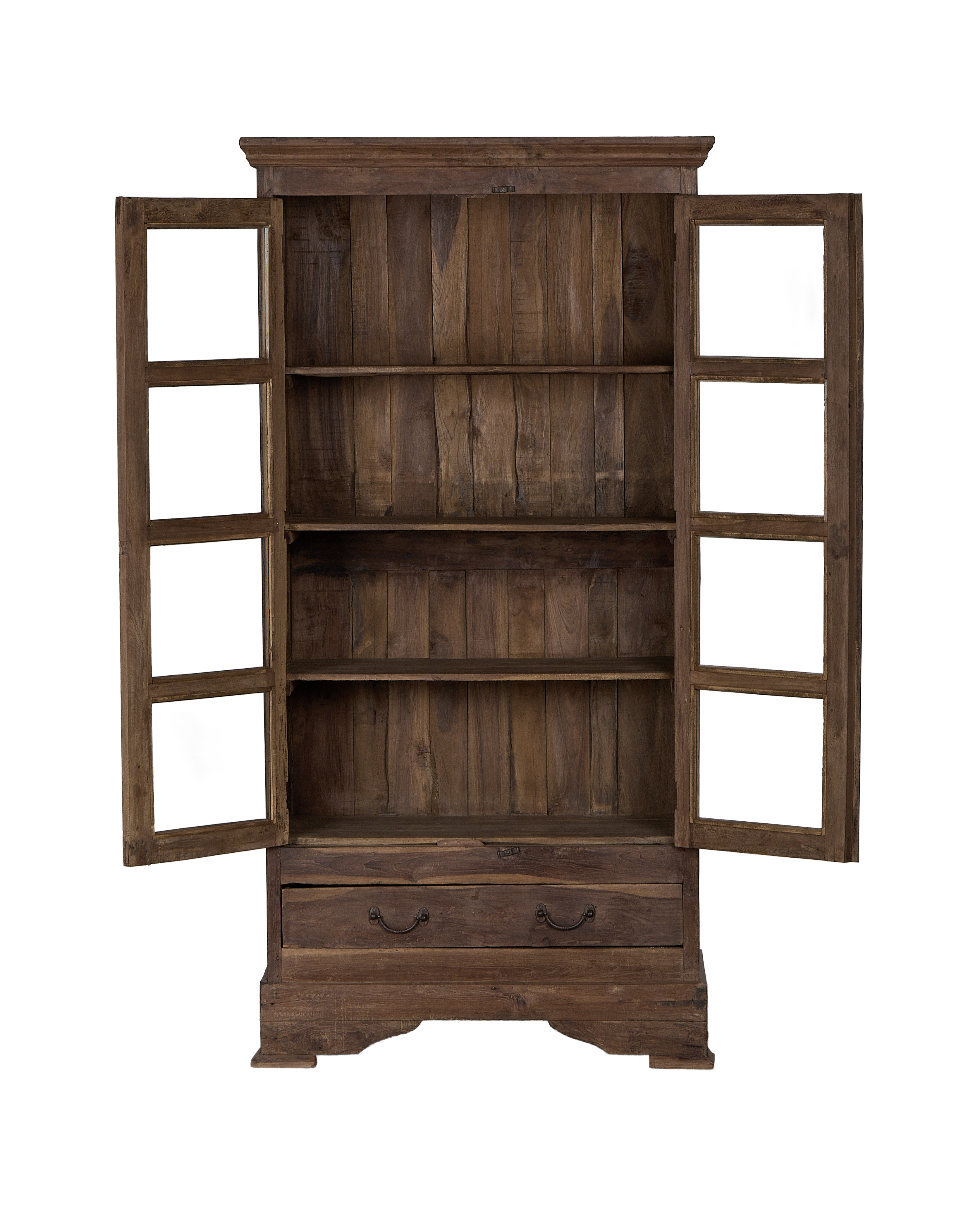 Vintage Indian oak wood cabinet, open glass doors, revealing empty shelves and lower drawers.