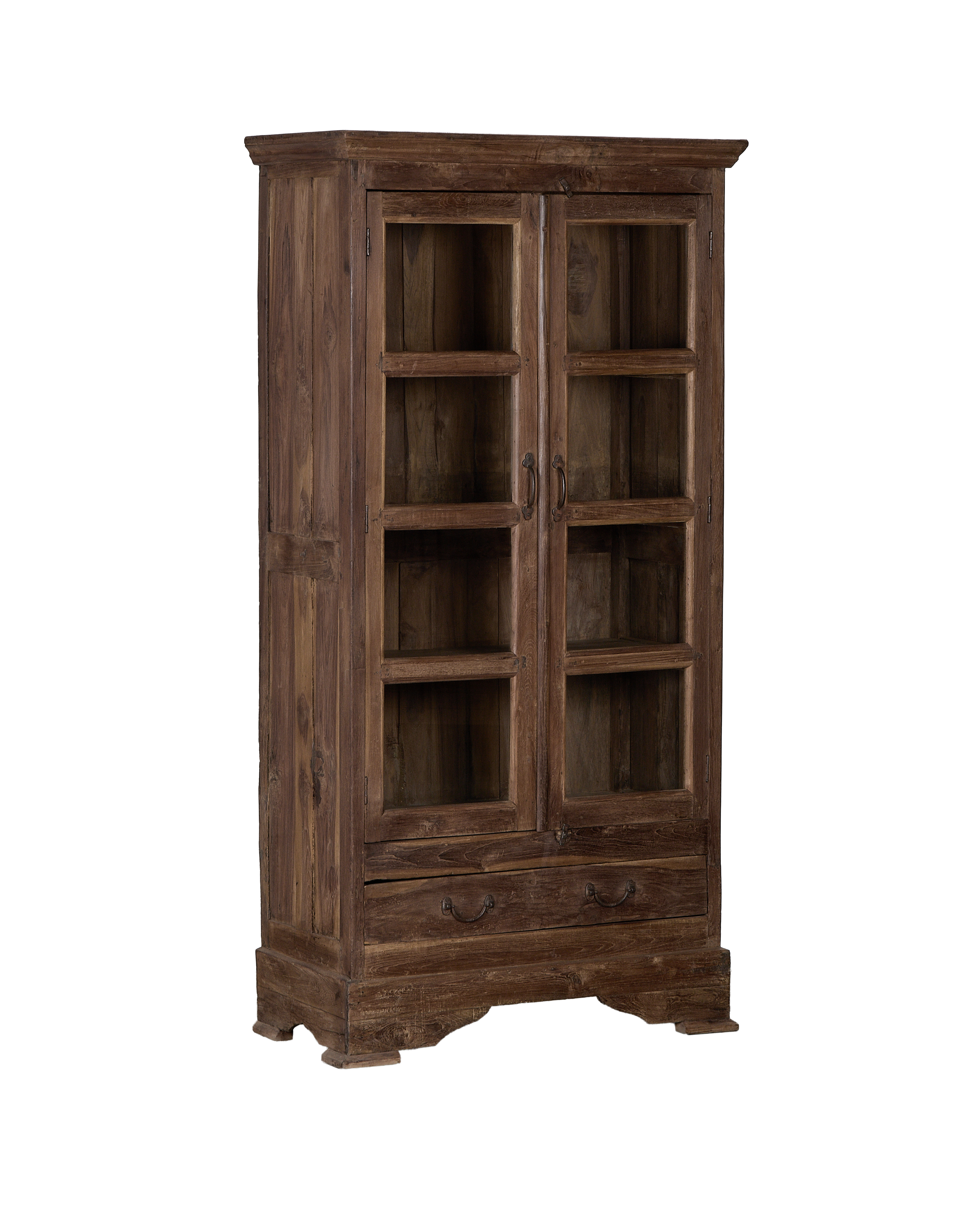 Vintage Indian oak cabinet, full shot showing rustic wood grain and glass doors.