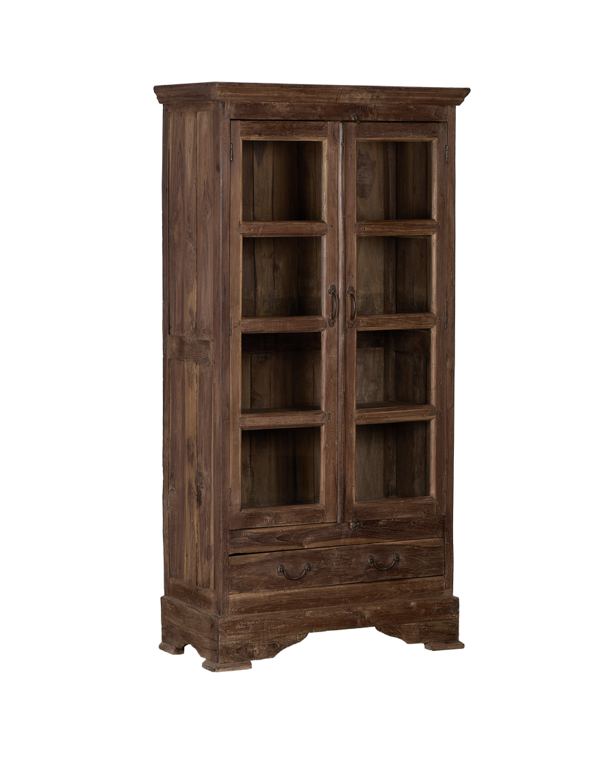 Vintage Indian oak cabinet, full shot showing rustic wood grain and glass doors.