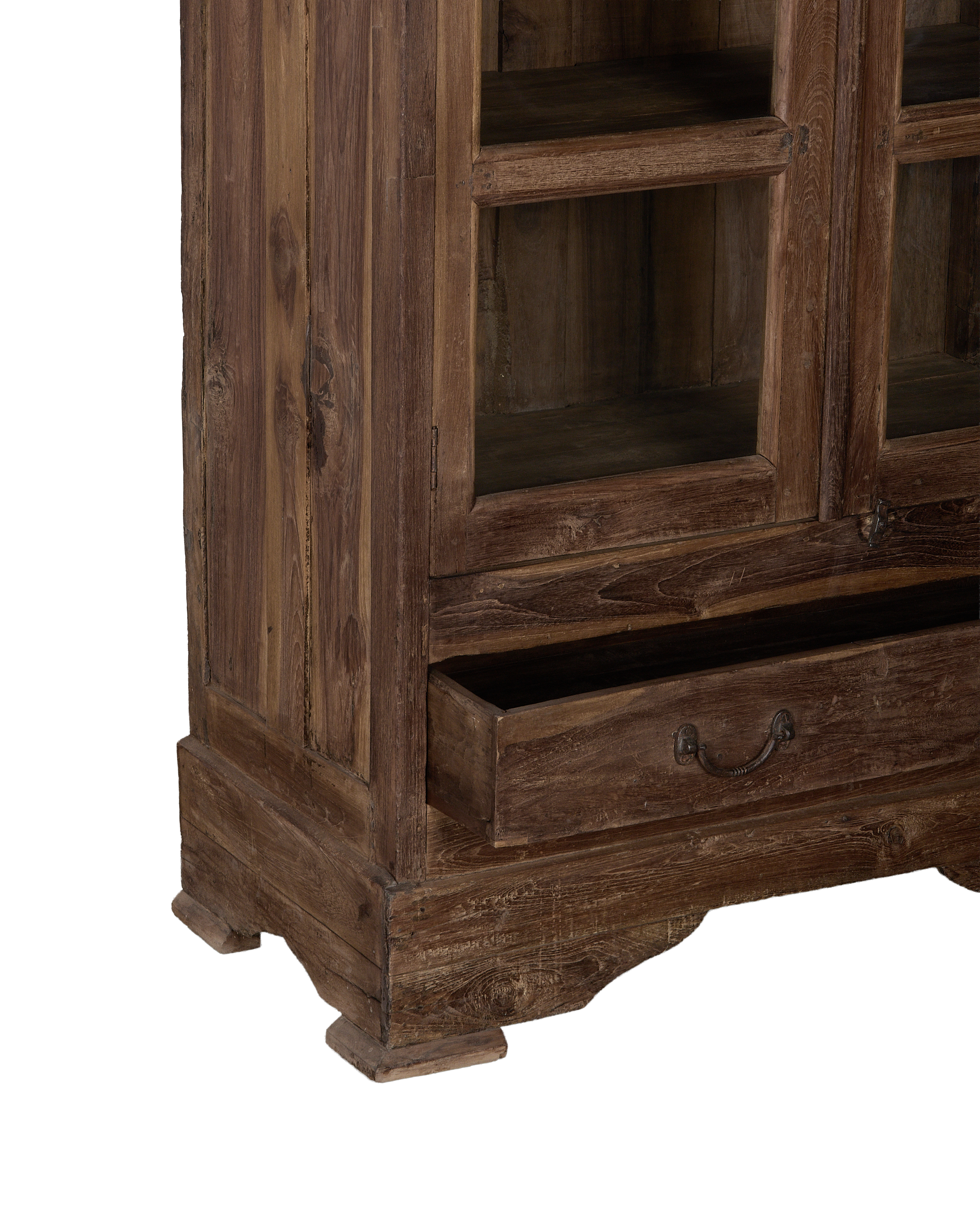 Vintage Indian oak display cabinet with open drawer, showing distressed natural wood grain.