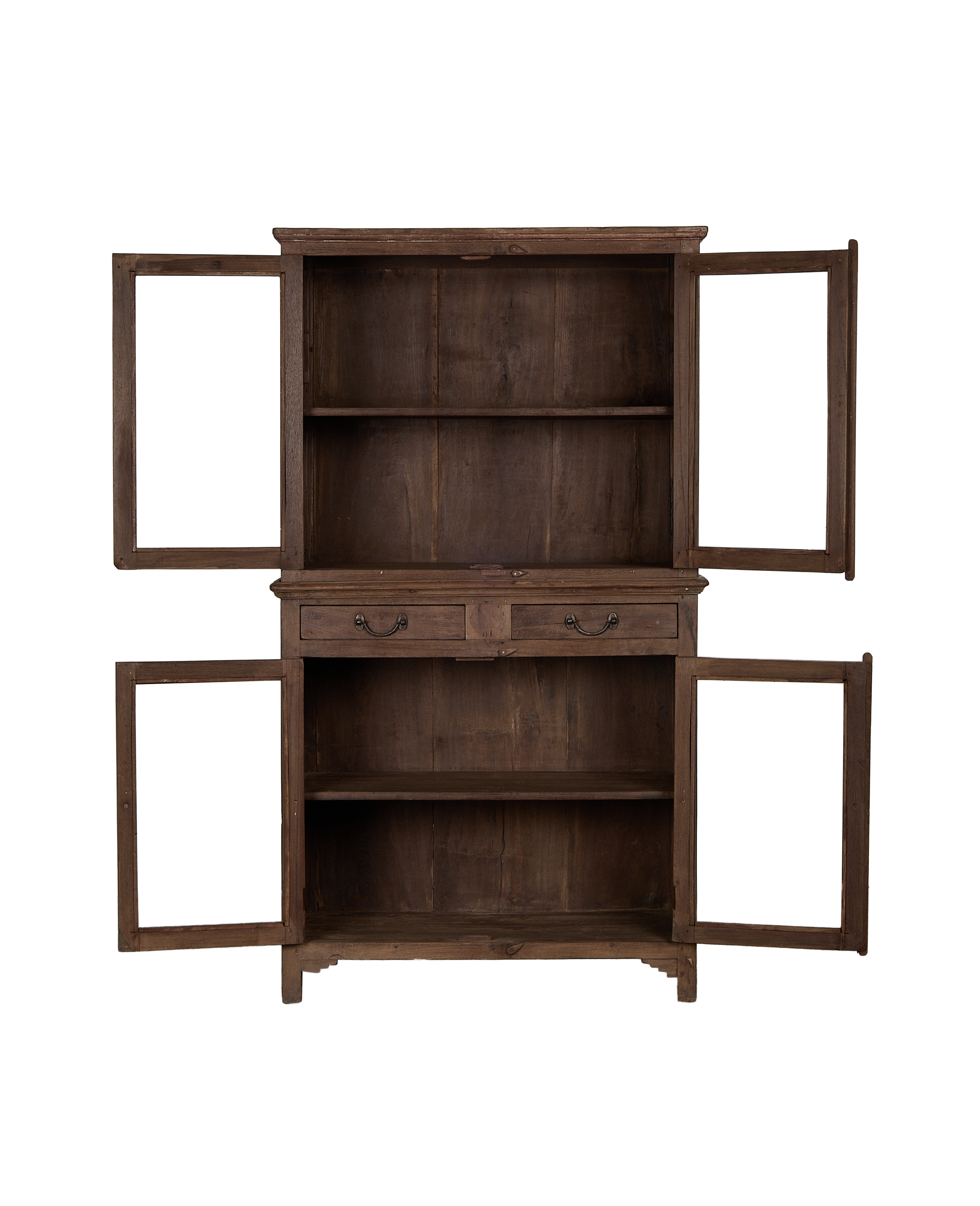 Vintage Indian oak cabinet, natural wood with all doors and drawers open, showcasing interior shelves.