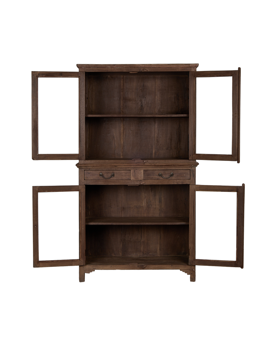 Vintage Indian oak cabinet, natural wood with all doors and drawers open, showcasing interior shelves.