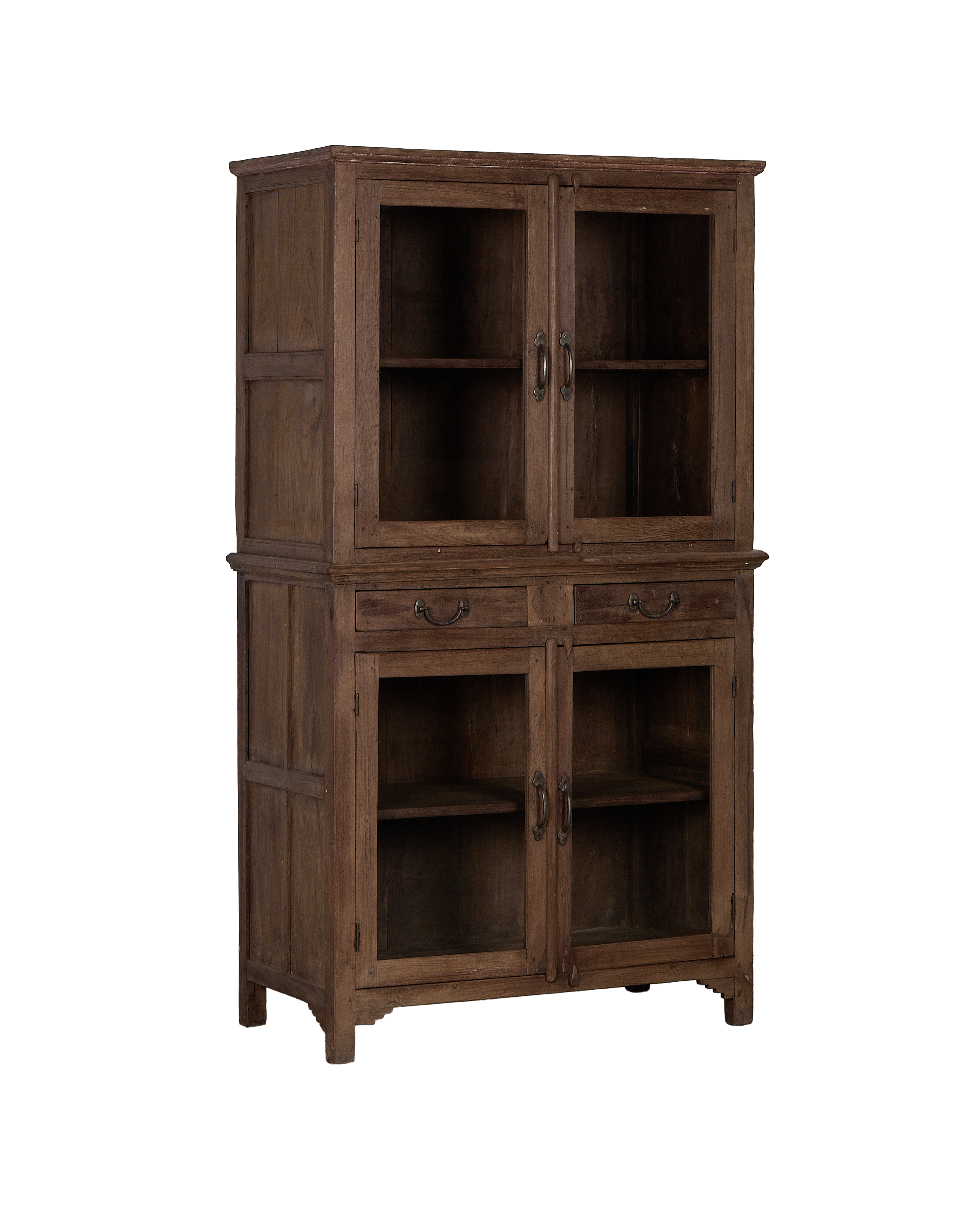 Full view, Vintage Indian oak cabinet, natural wood finish, glass doors, and ornate metal pulls.