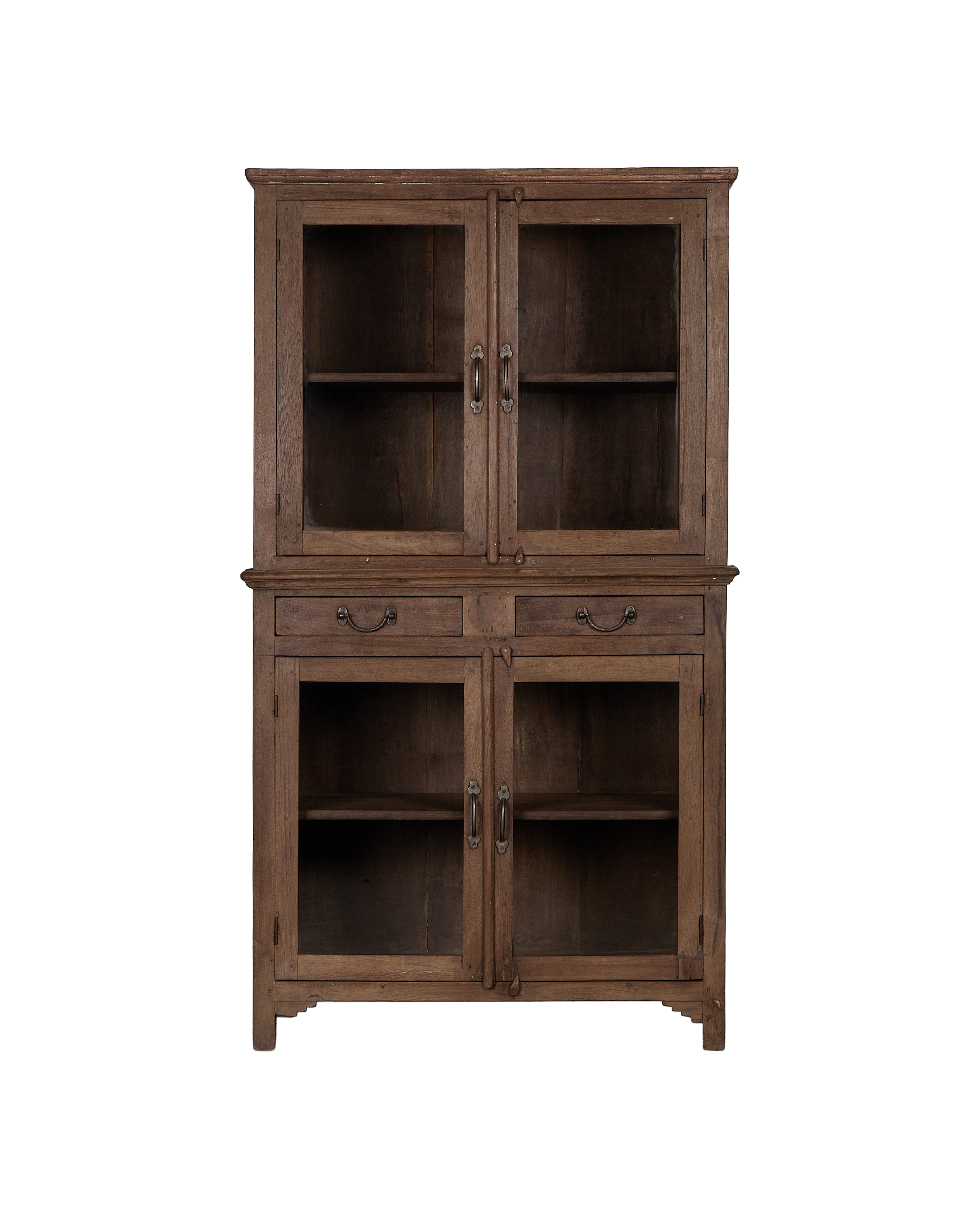 Vintage Indian oak wood cabinet, natural finish, featuring upper glass doors and lower drawers with bronze pulls.
