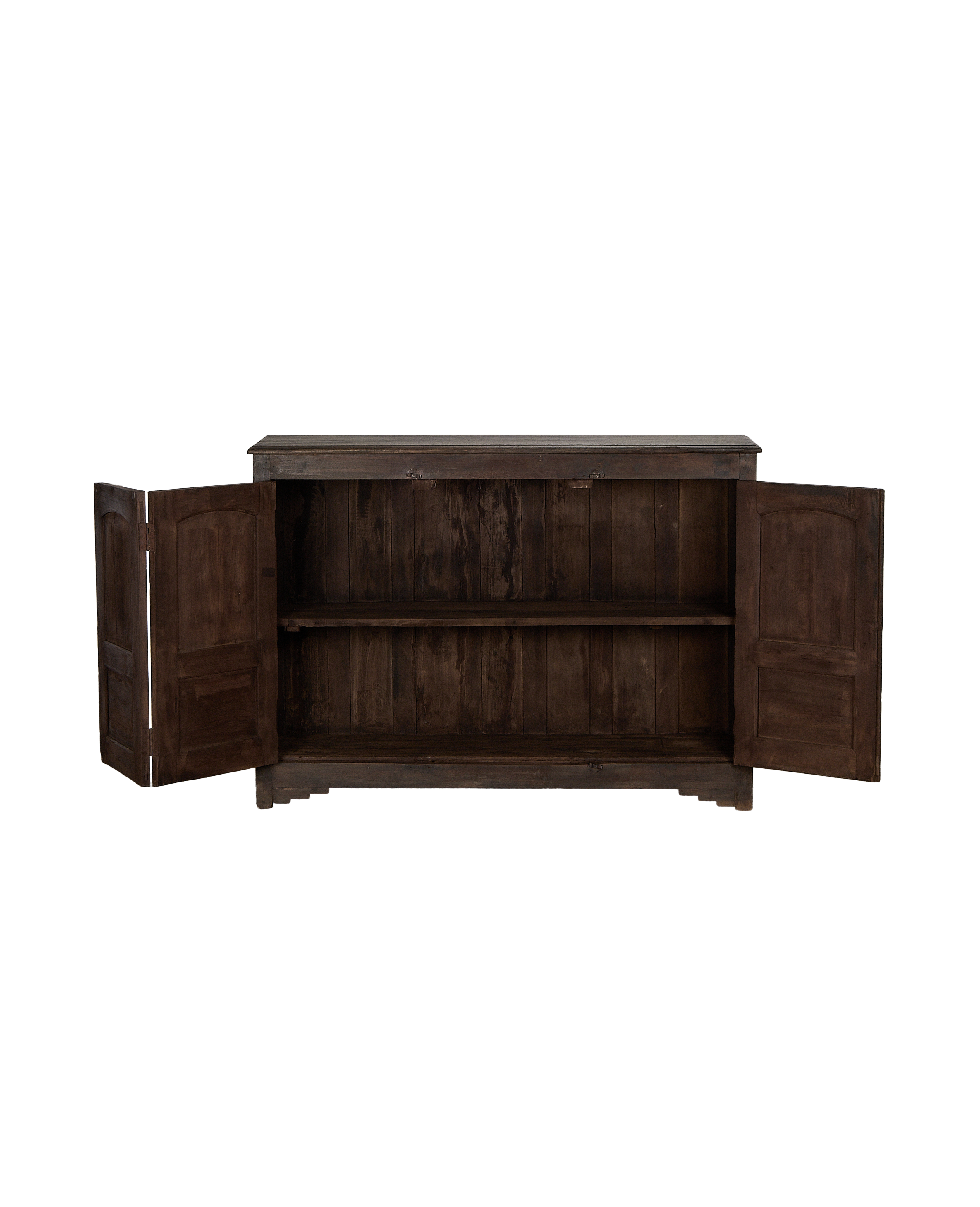 Open vintage Indian oak sideboard, natural wood, showing two interior shelves and grain details.