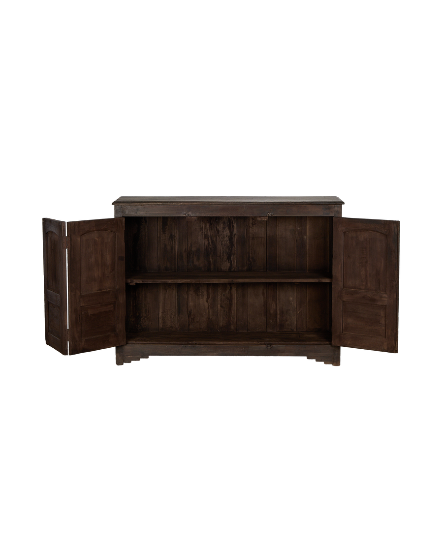 Open vintage Indian oak sideboard, natural wood, showing two interior shelves and grain details.