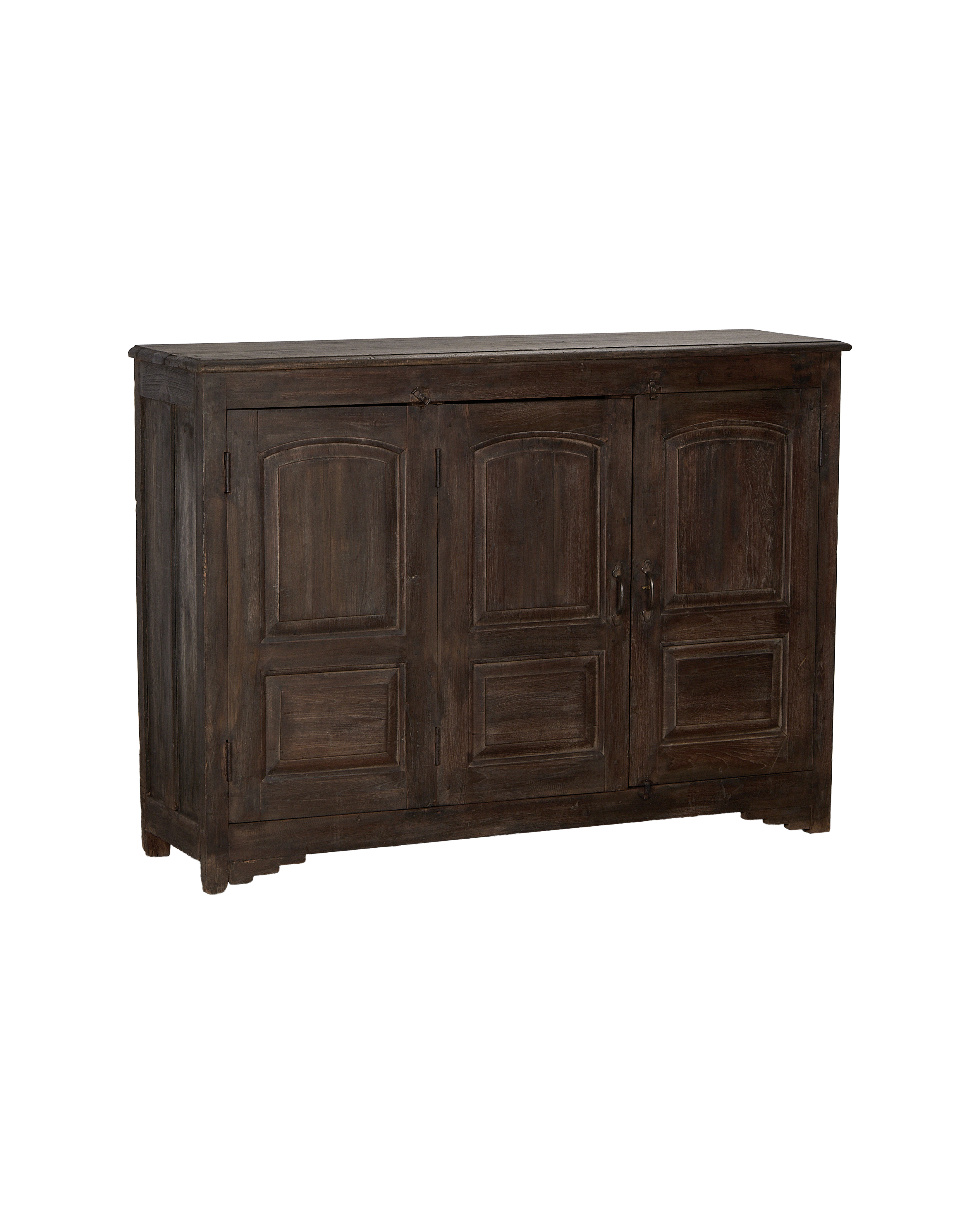 Vintage Indian oak sideboard, natural wood texture, featuring three paneled doors and subtle distressing.