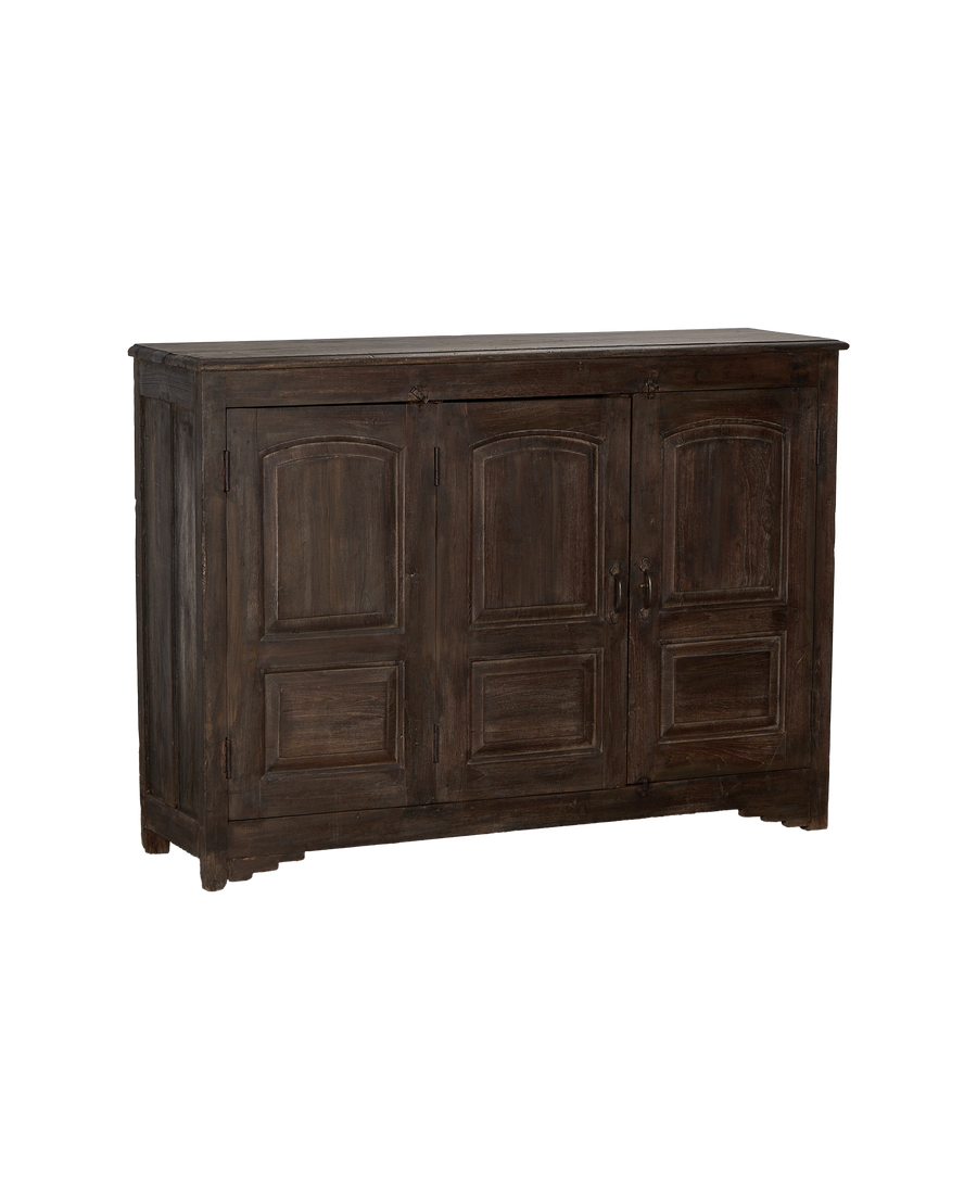 Vintage Indian oak sideboard, natural wood texture, featuring three paneled doors and subtle distressing.