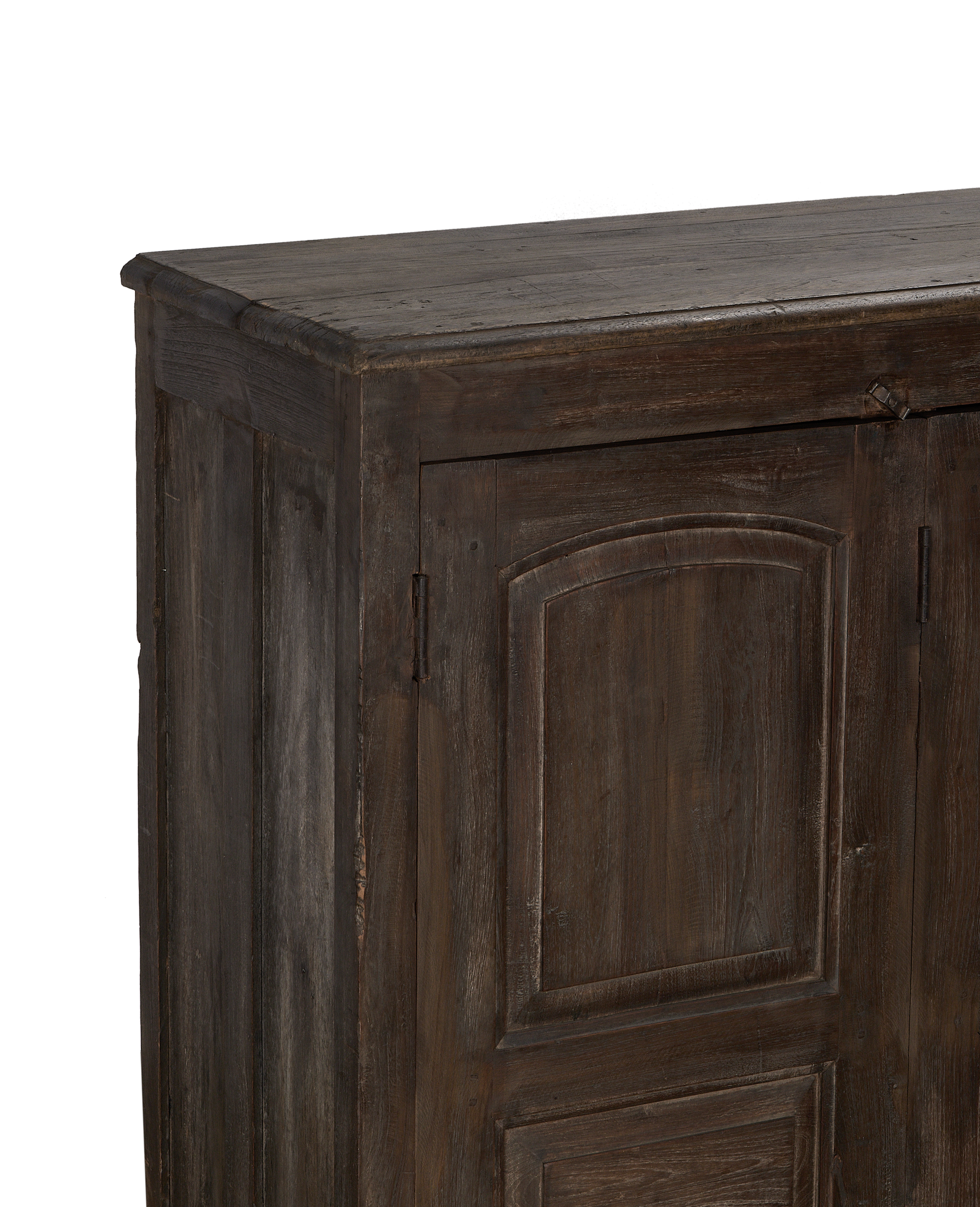 Vintage Indian oak sideboard top and detail of rustic wood door panel.