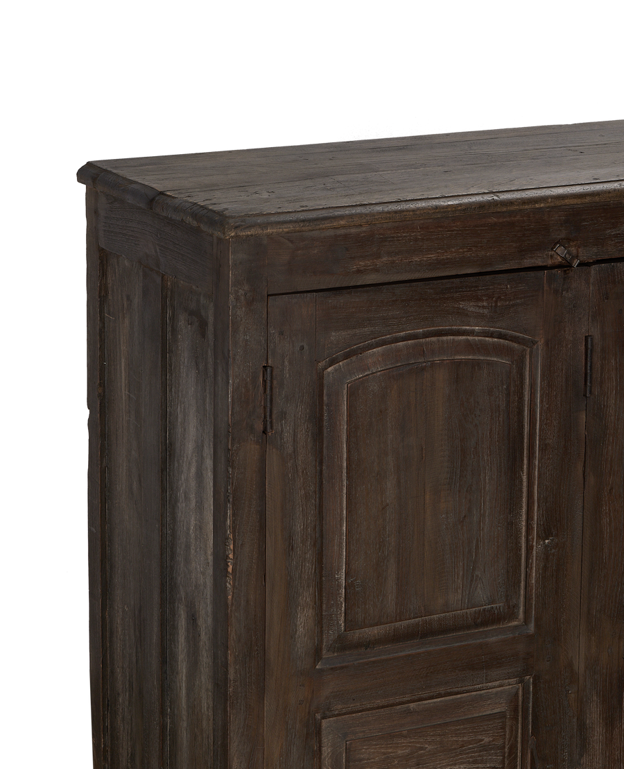 Vintage Indian oak sideboard top and detail of rustic wood door panel.