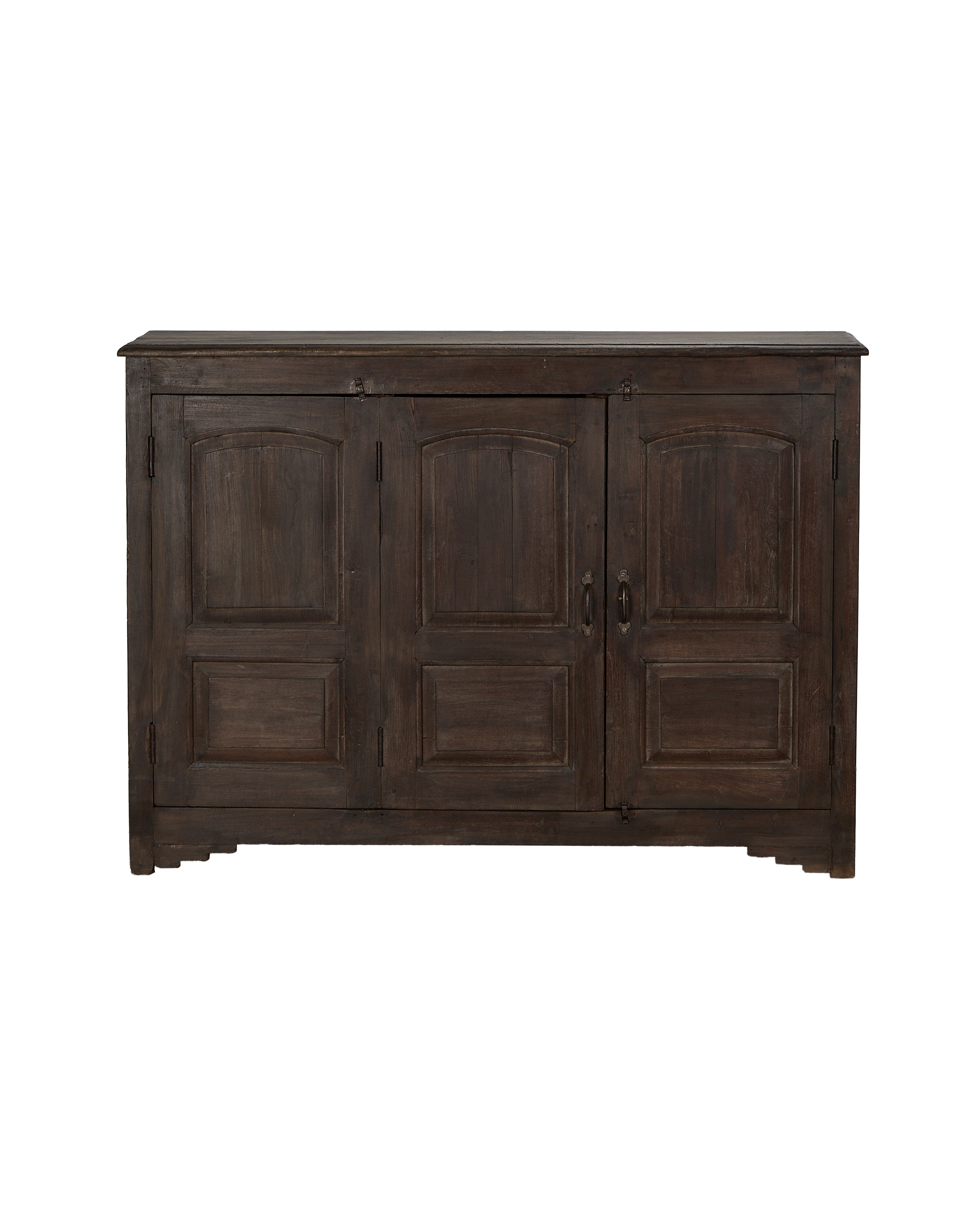 Vintage Indian oak sideboard with natural dark wood finish, three arched panel doors.
