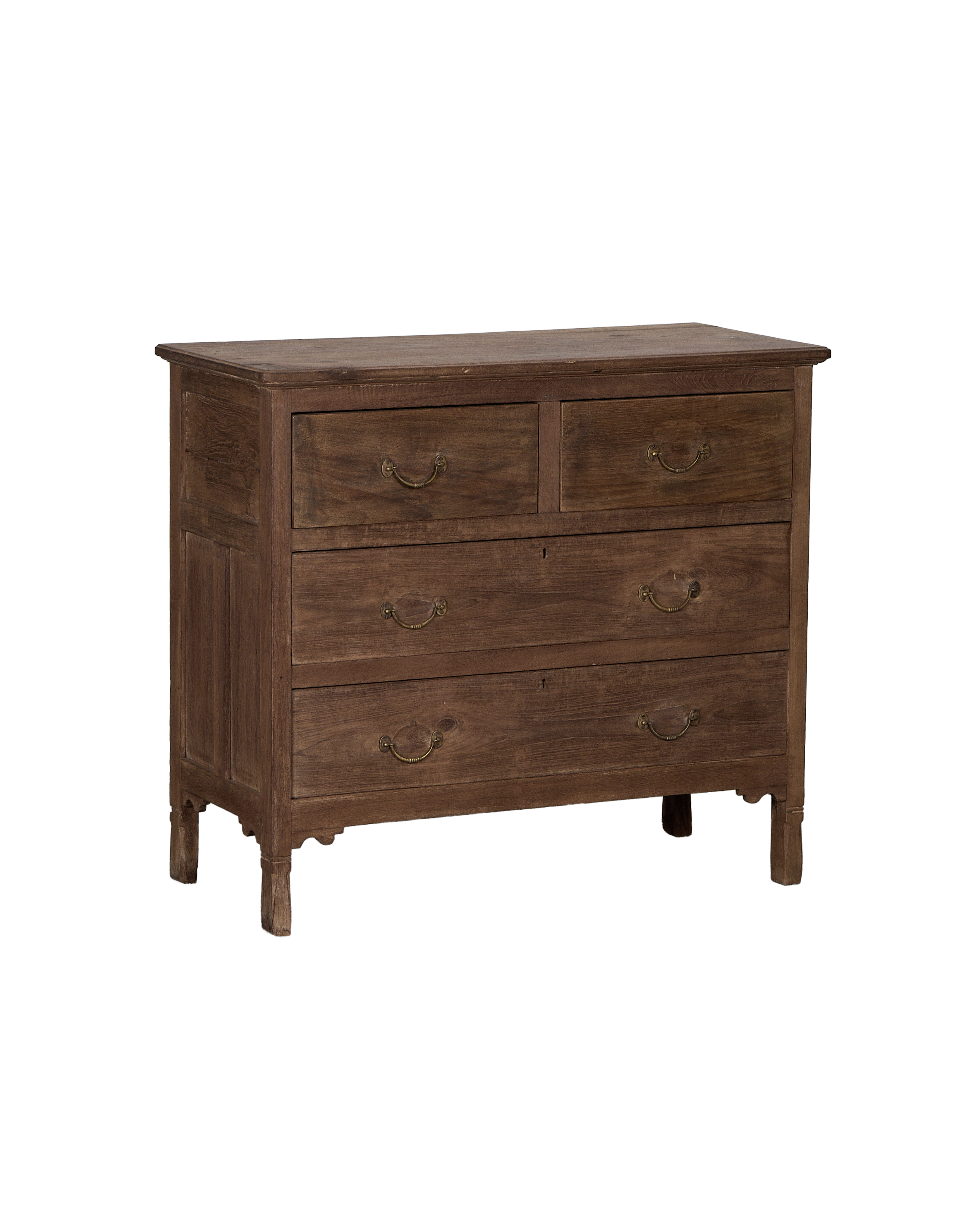 Vintage oak dresser from India, showcasing natural finish, brass pulls, and carved feet.