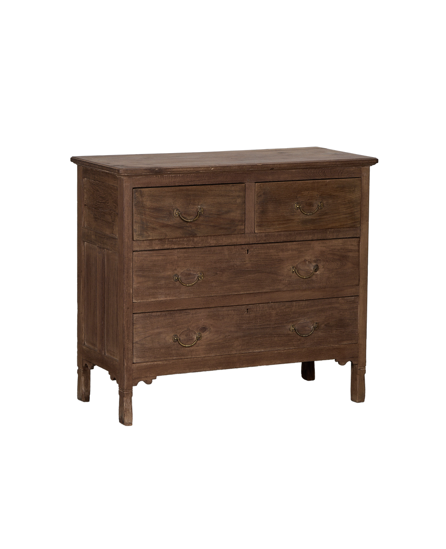 Vintage oak dresser from India, showcasing natural finish, brass pulls, and carved feet.