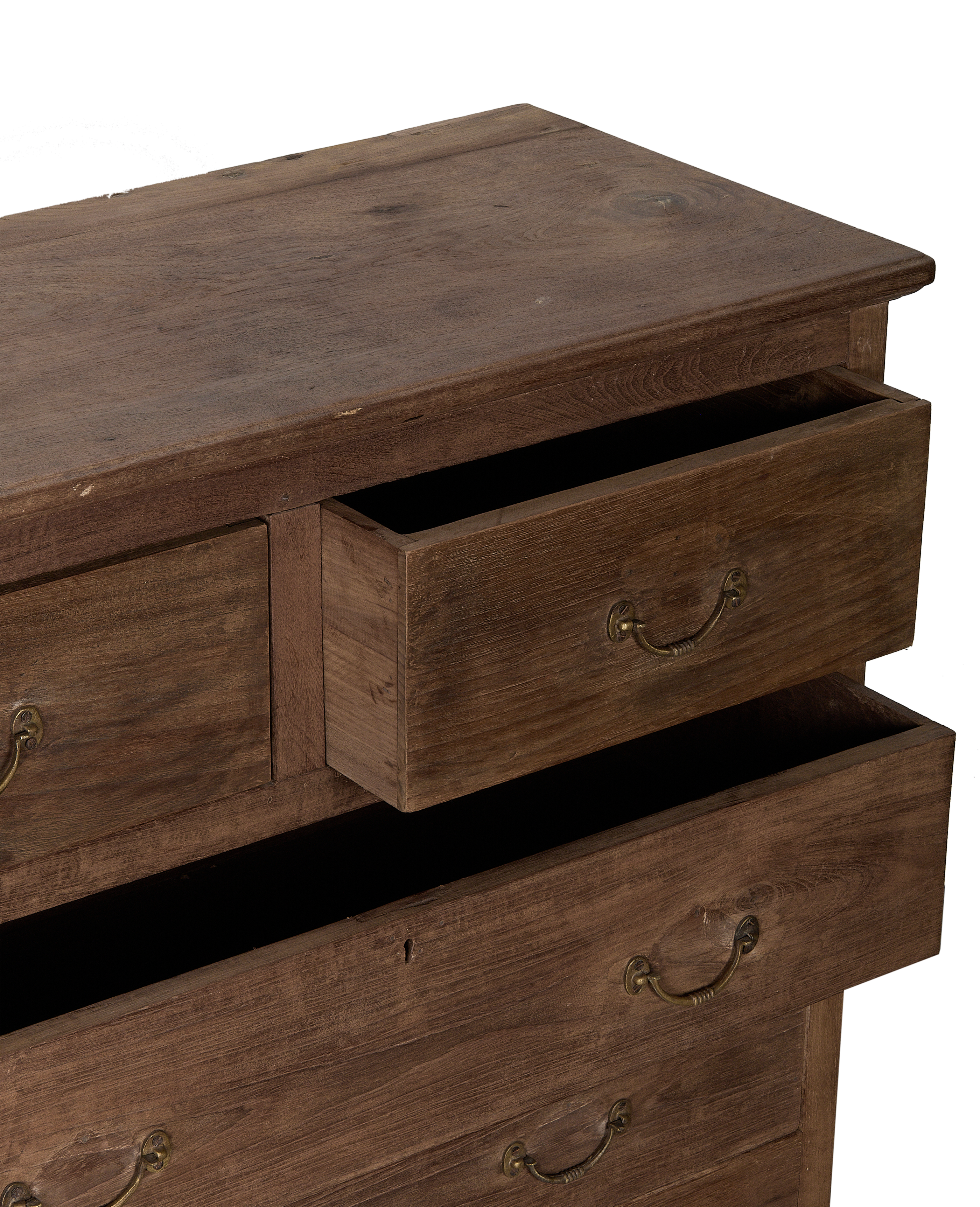 Vintage oak wood dresser, natural finish, showing open drawers with brass handles.