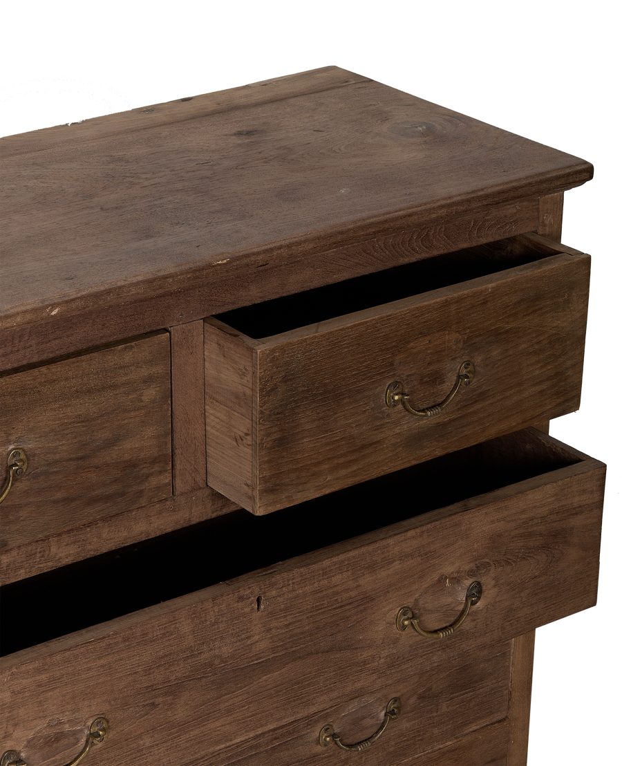 Vintage oak wood dresser, natural finish, showing open drawers with brass handles.