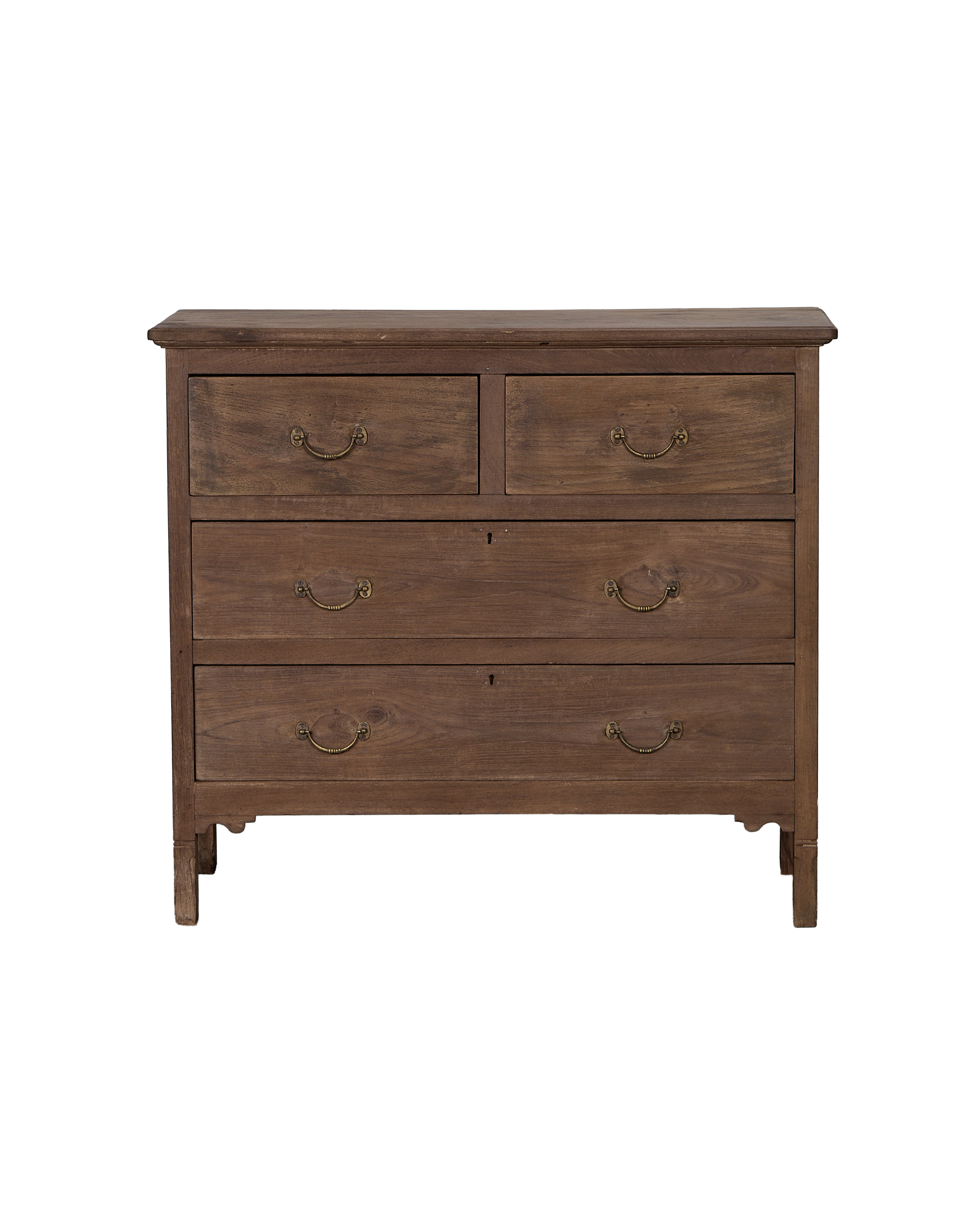 Vintage Indian oak wood dresser, natural finish, four drawers with brass pulls.