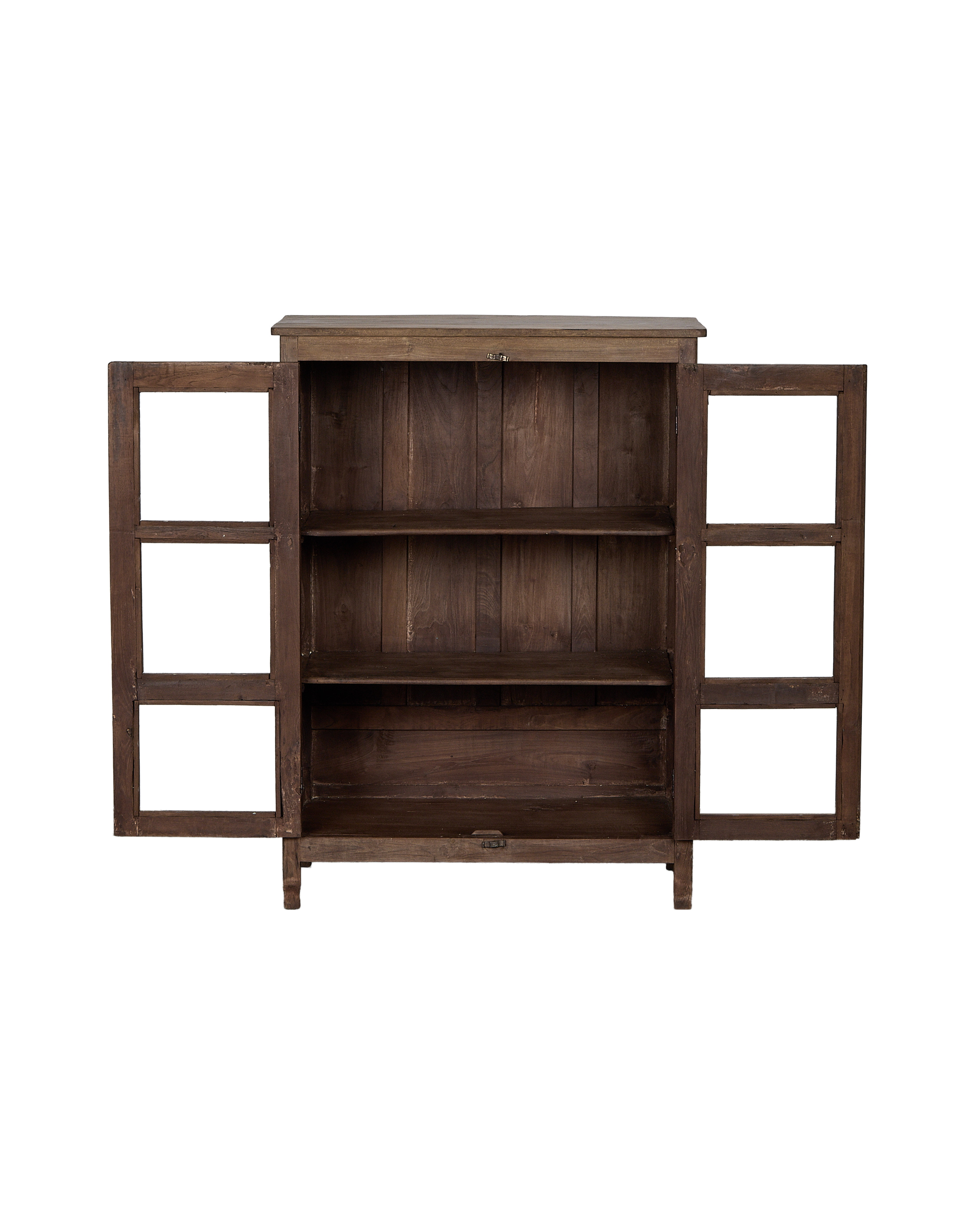 Vintage Indian oak cabinet, doors open, revealing two storage shelves and rustic hardware.