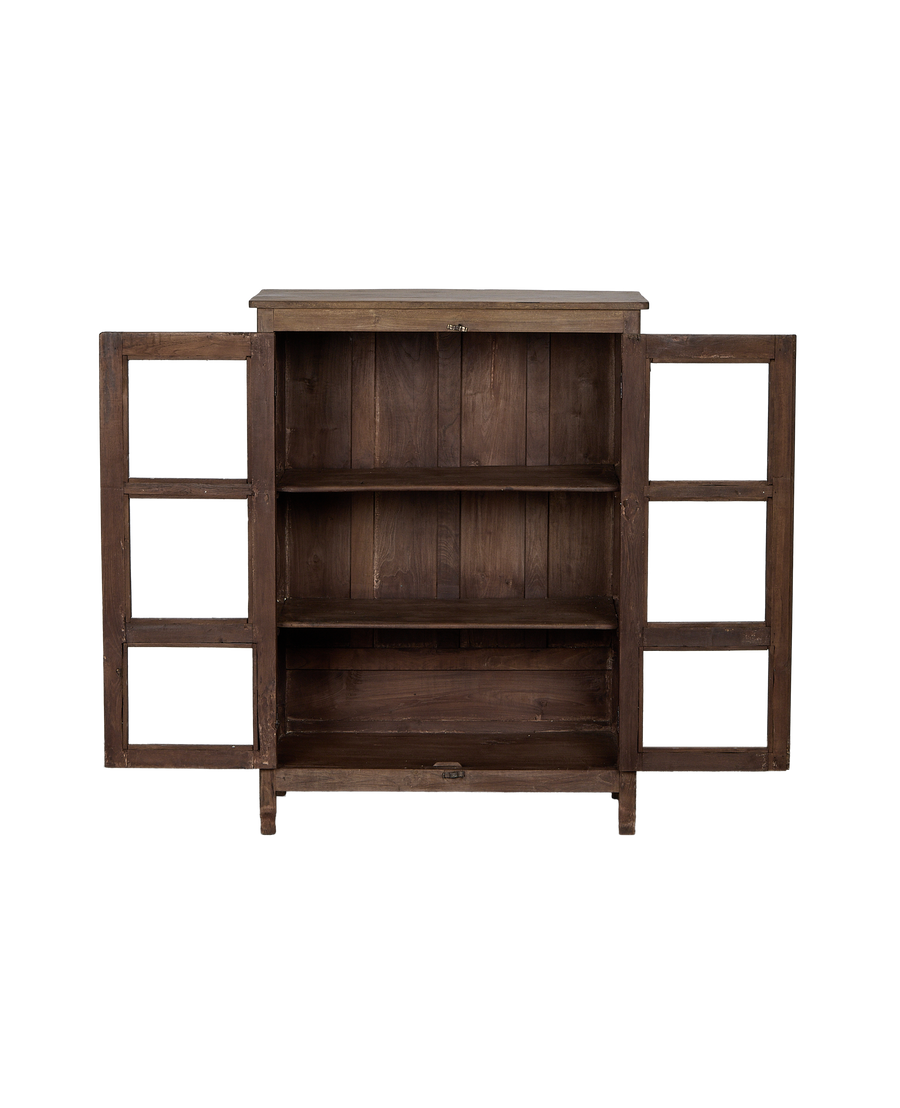 Vintage Indian oak cabinet, doors open, revealing two storage shelves and rustic hardware.