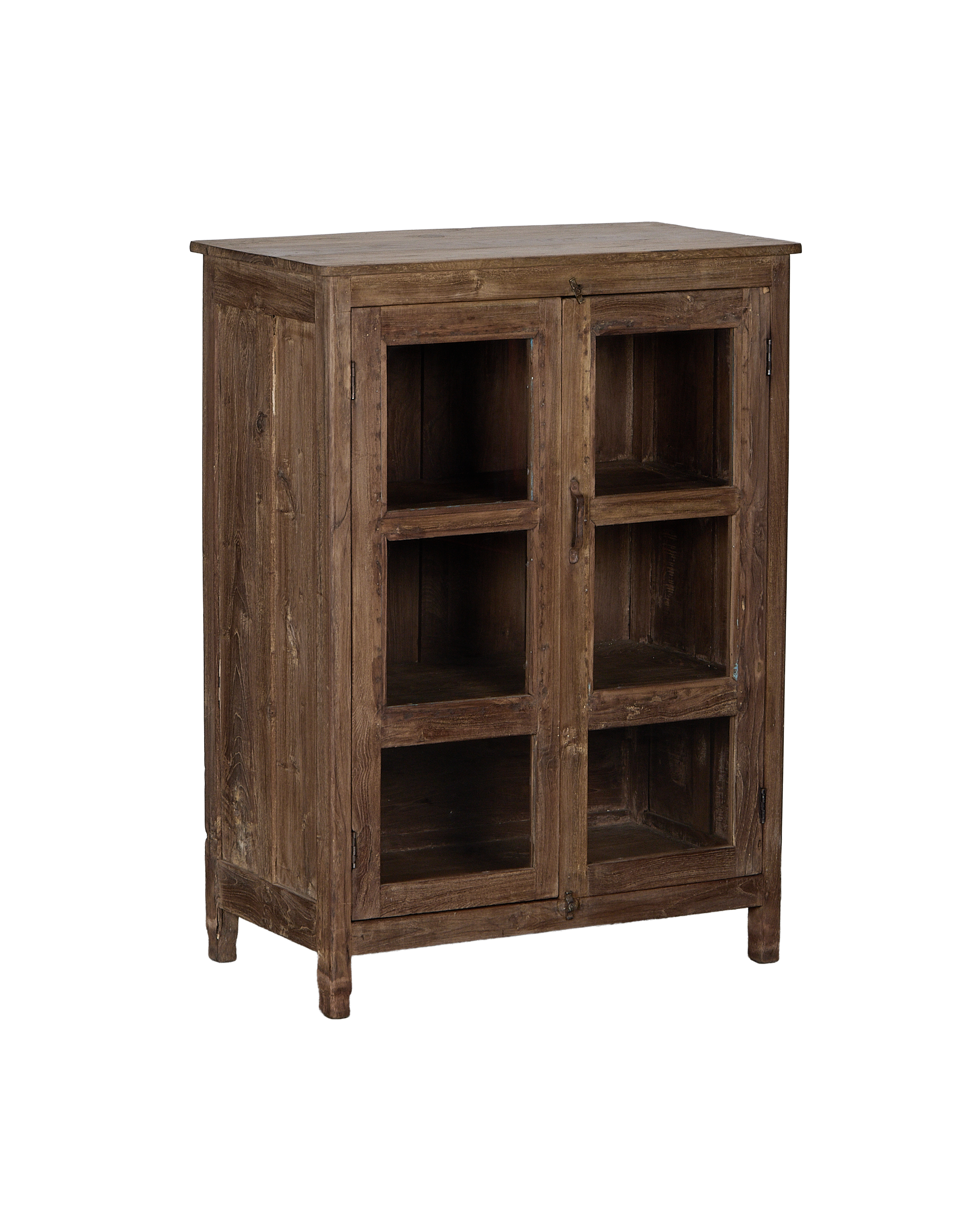 Vintage Indian oak cabinet, full frontal view, showing weathered natural wood finish.