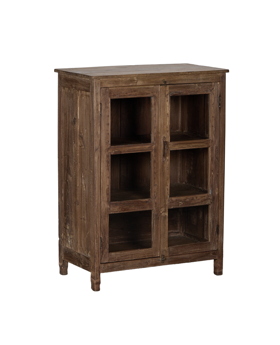 Vintage Indian oak cabinet, full frontal view, showing weathered natural wood finish.